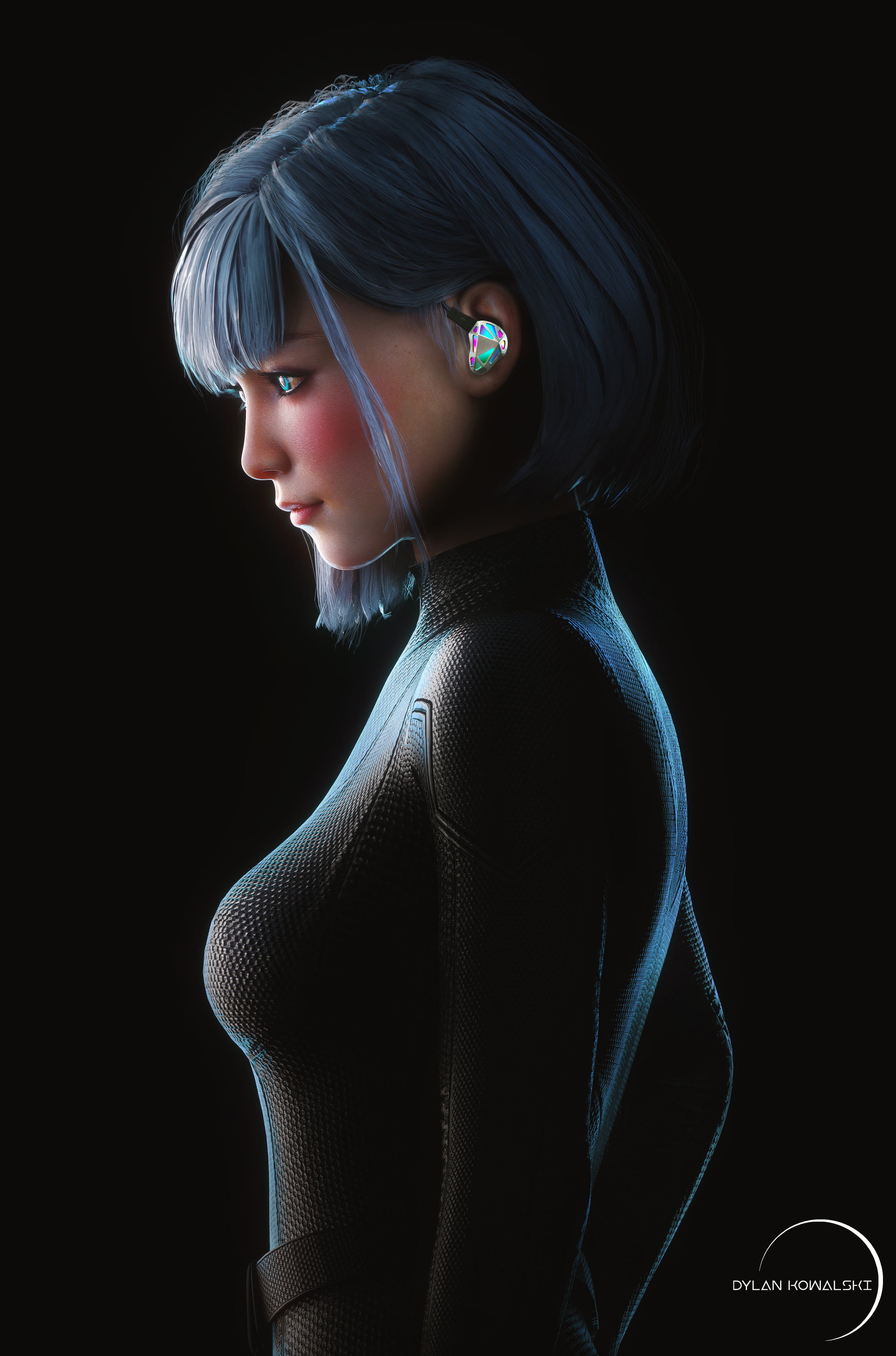 women, black clothing, blue eyes, short hair, blush, black background, CGI, simple background, Dylan Kowalski, 2K, bodysuit, futuristic, blue hair, Phone HD Wallpaper
