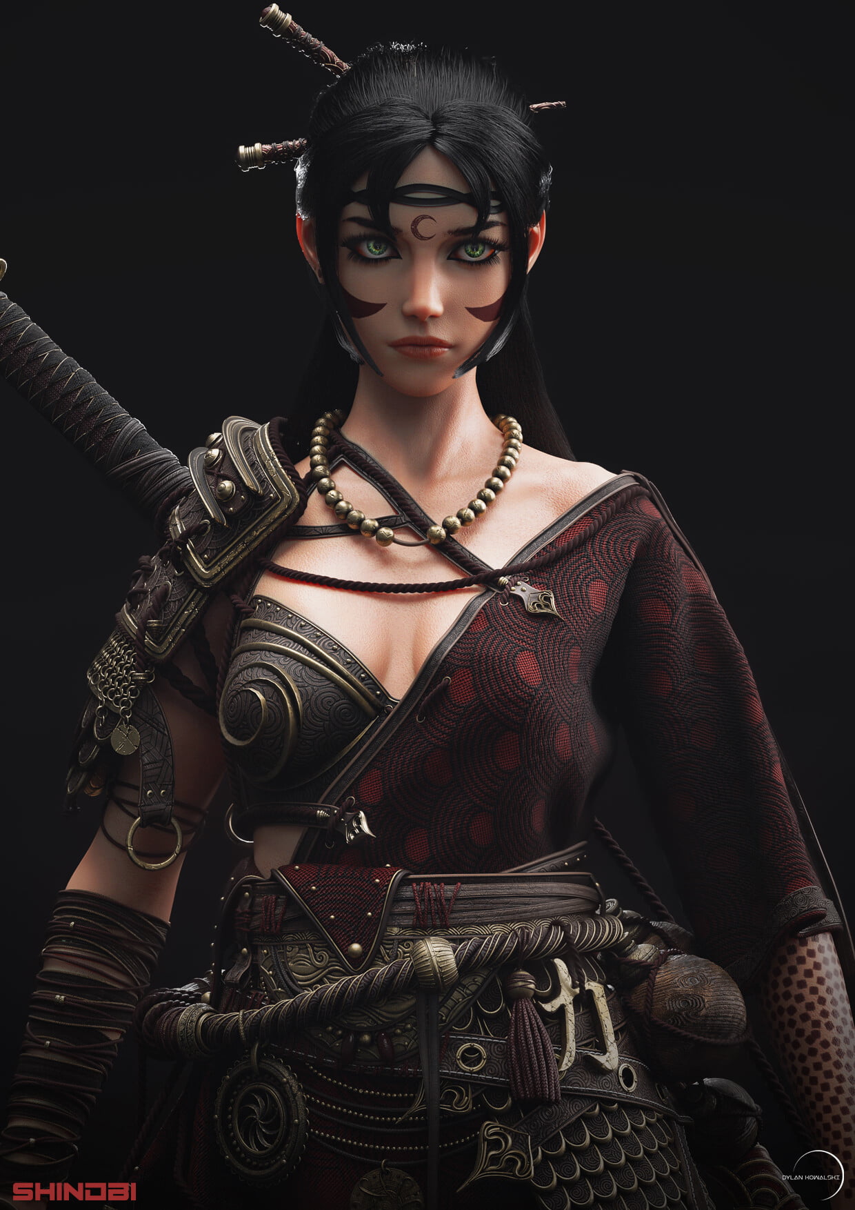 720P, women, ropes, simple background, green eyes, Dylan Kowalski, looking away, CGI, warrior, weapon, dark hair, cloth, Phone HD Wallpaper