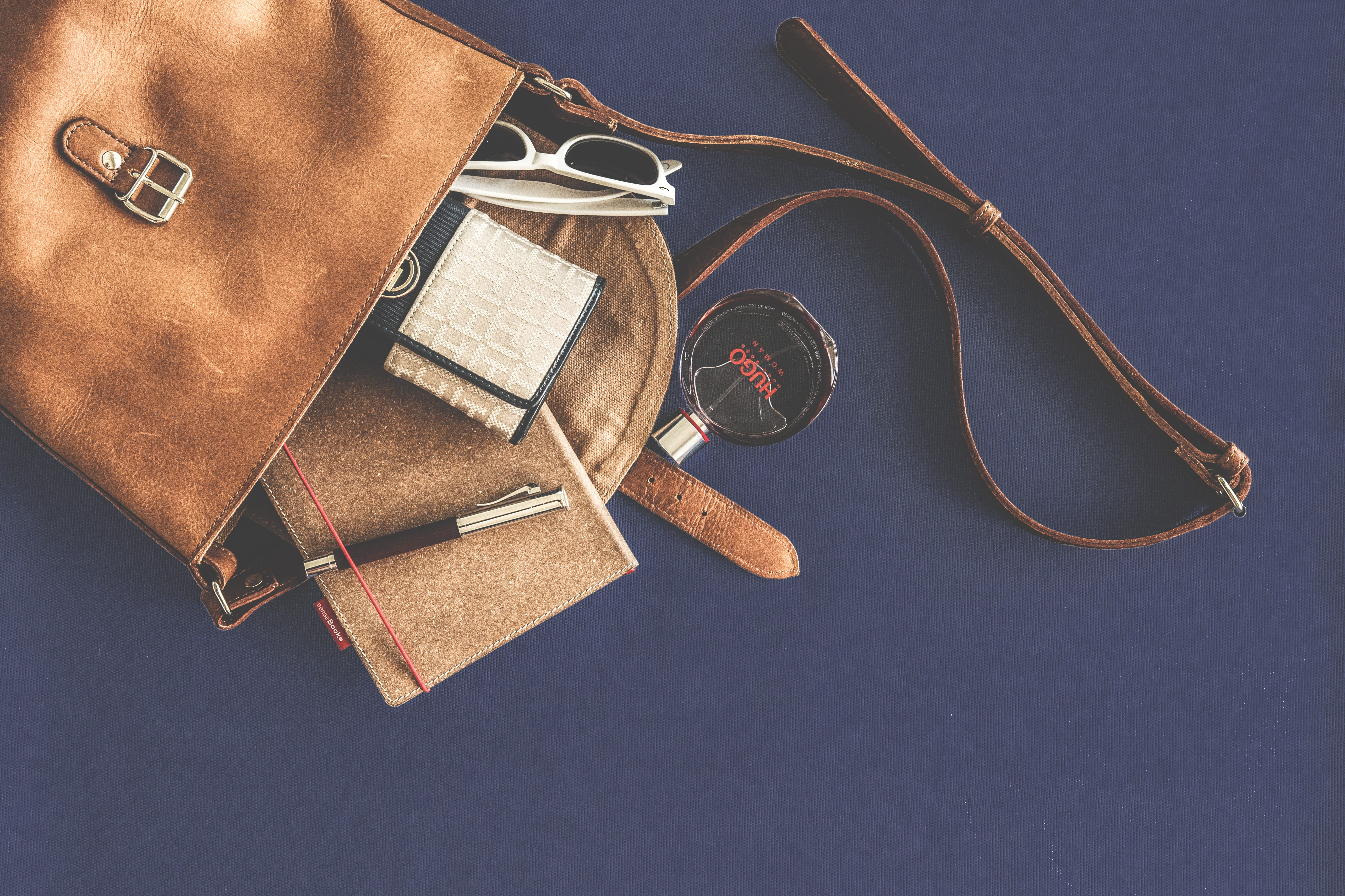 brand, pen, personal accessory, money, blue, food, handbag, textile, copy space, technology, sunglasses, brown, sweet food, fashion, map, indoors, colored background, HD Wallpaper