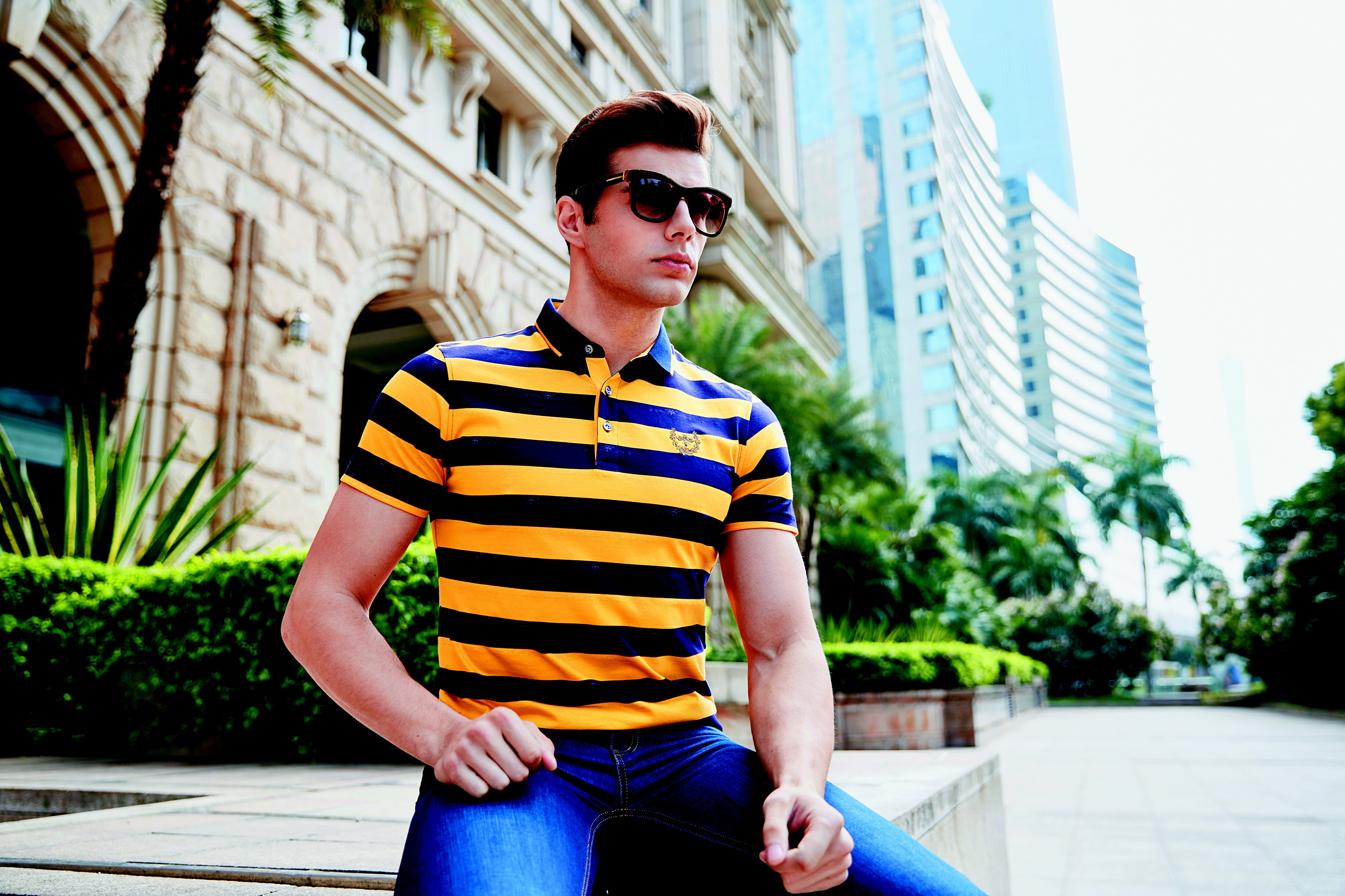 Brand, hairstyle, one Man Only, fashion, striped, one Person, MenS, summer, outdoors, french apple, 5K, golden, sunglasses, people, focus on foreground, HD Wallpaper