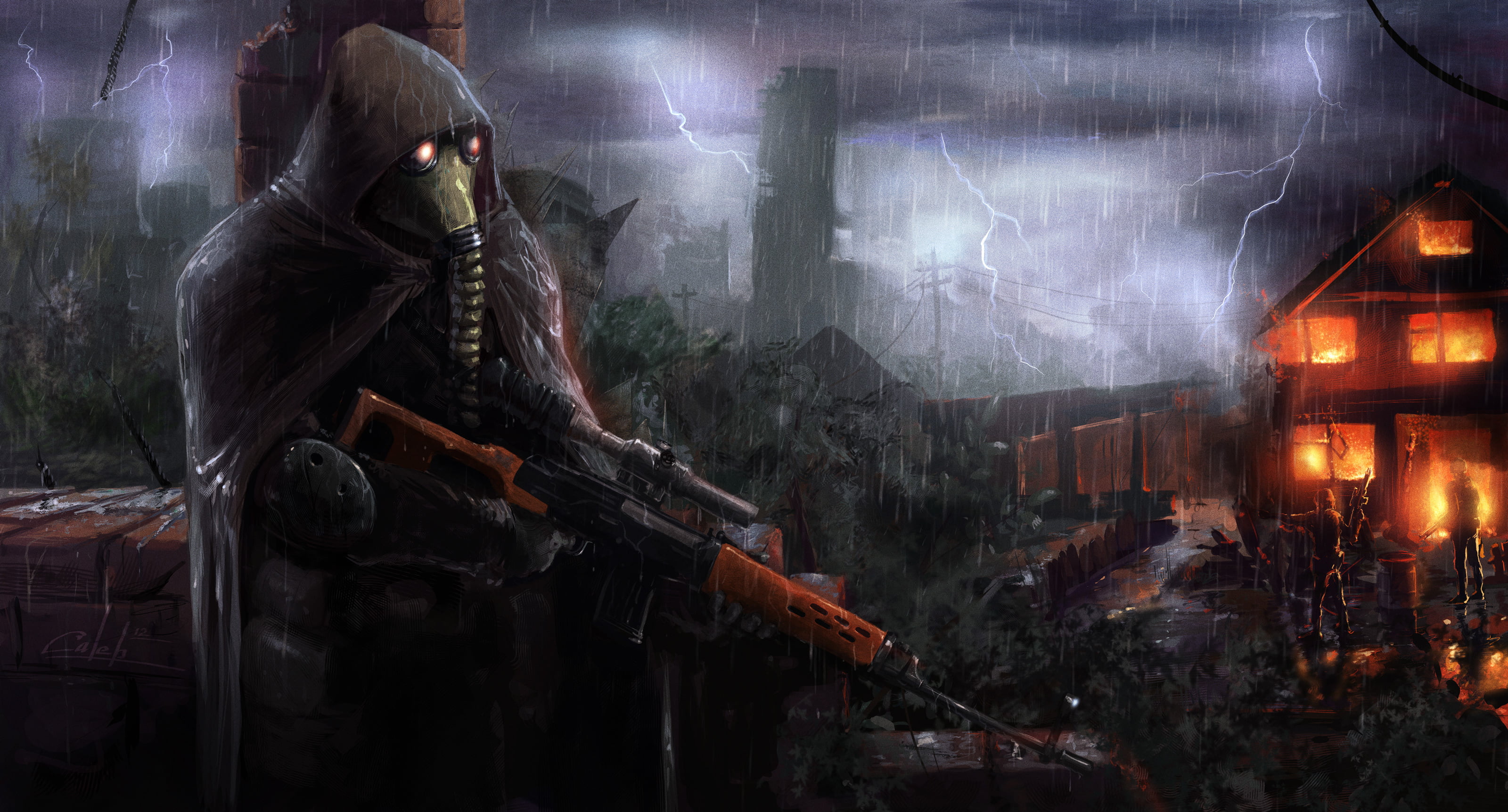 horror, danger, the storm, cloak, weapon, destruction, judgment Day - Apocalypse, with.t.and.l.to.e.r., rain, warning sign, night, protective Mask - Workwear, HD Wallpaper