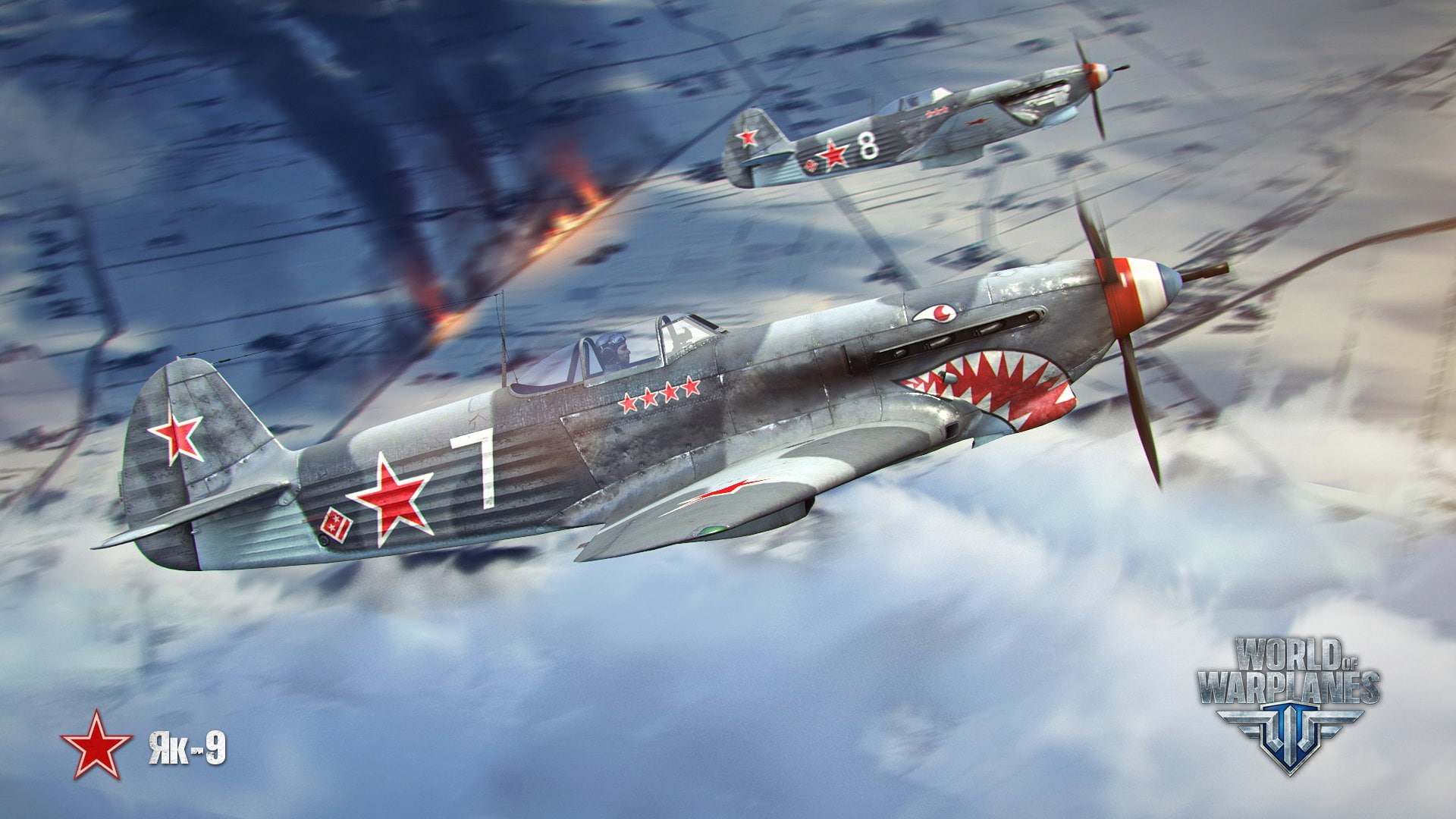 air, 1080P, aviation, arcade plane, MMO, BigWorld, World of Warplanes, arcade, World of aircraft, WoWp, AS-9, the plane, Wargaming.net, fire, clouds, Persha, HD Wallpaper