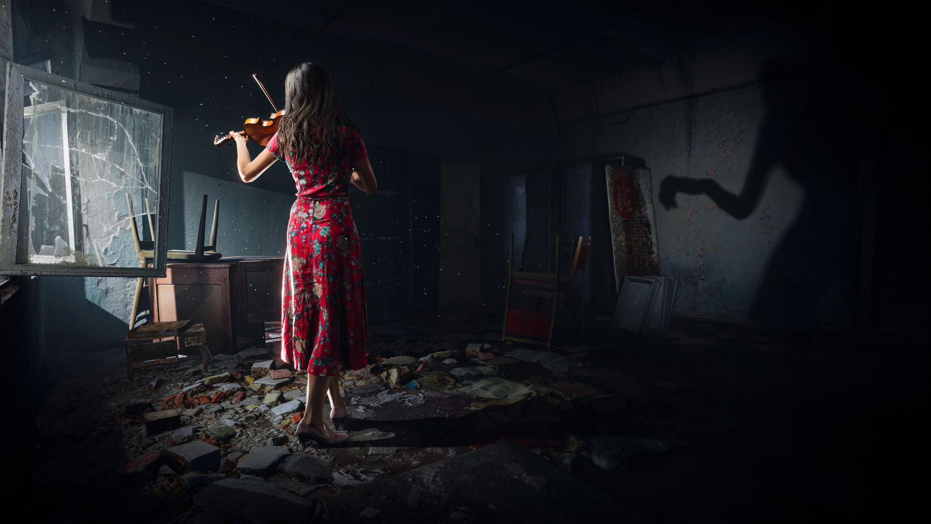 abandoned, musical instrument, ruins, women, women indoors, 1080P, dress, brunette, ruin, ChernobyLite, violin, shadow, HD Wallpaper