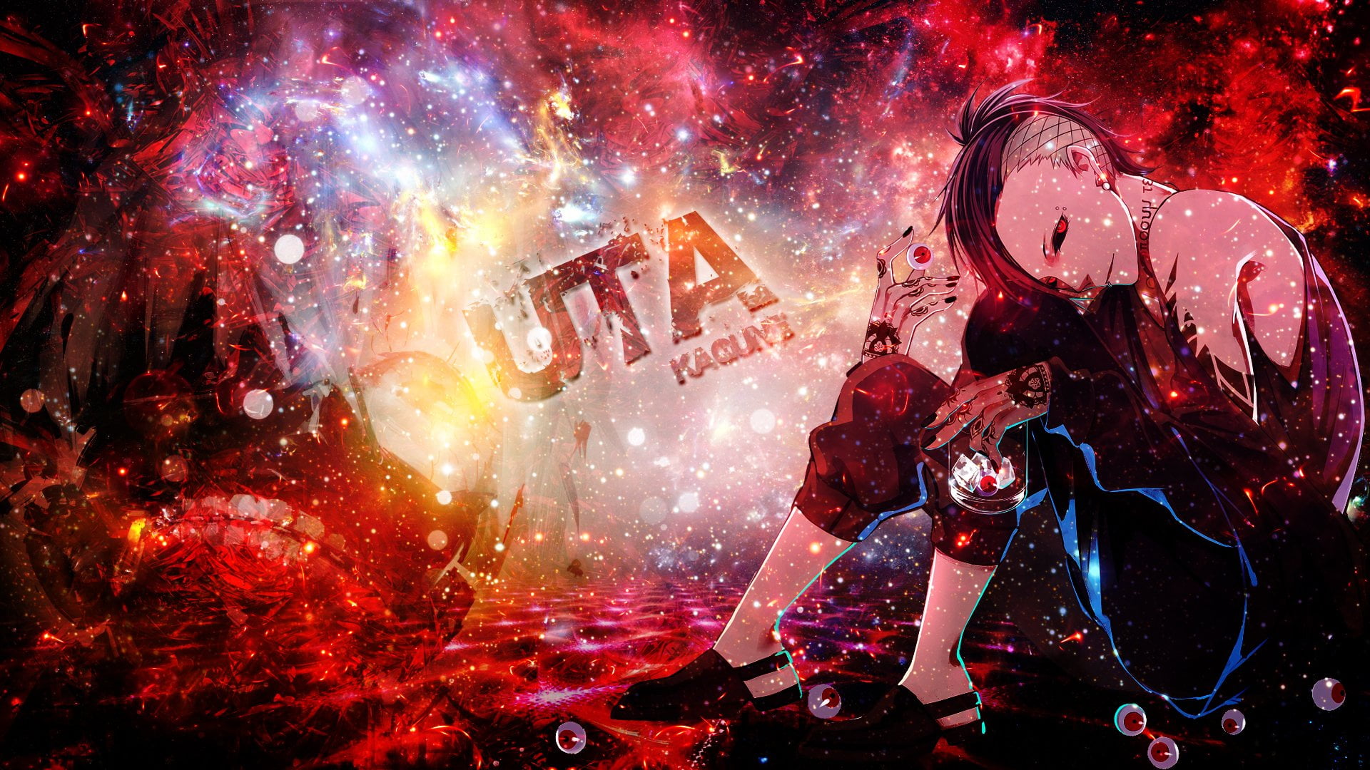  new years eve, music, 1080P, profile view, Anime, firework, Boy, star - space, digital composite, night, Sitting, Uta (Tokyo Ghoul), character, HD Wallpaper