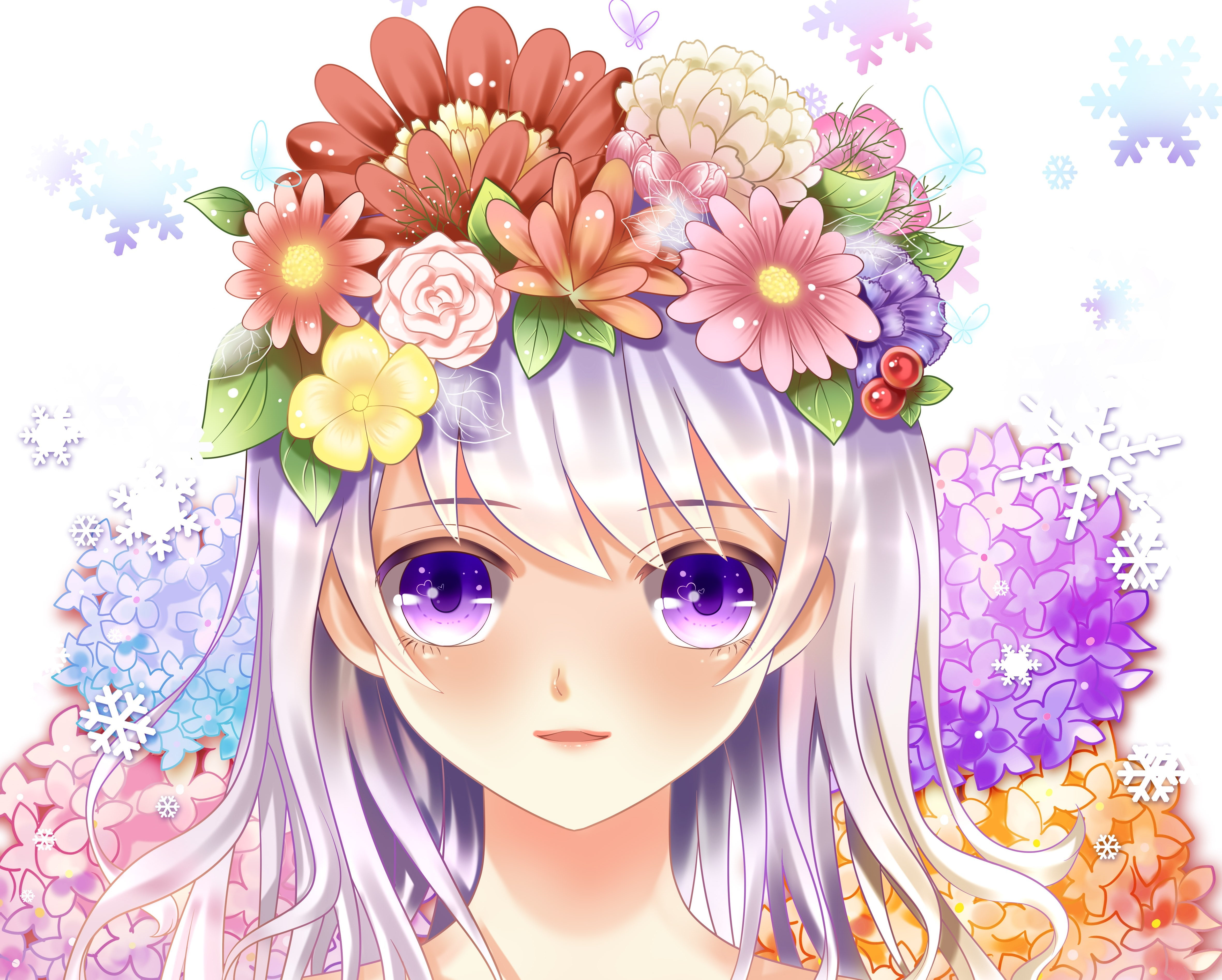 young women, white background, roses, beautiful woman, anime, yuri, looking at camera, flowering plant, representation, indoors, beauty, headdress, plant, HD Wallpaper