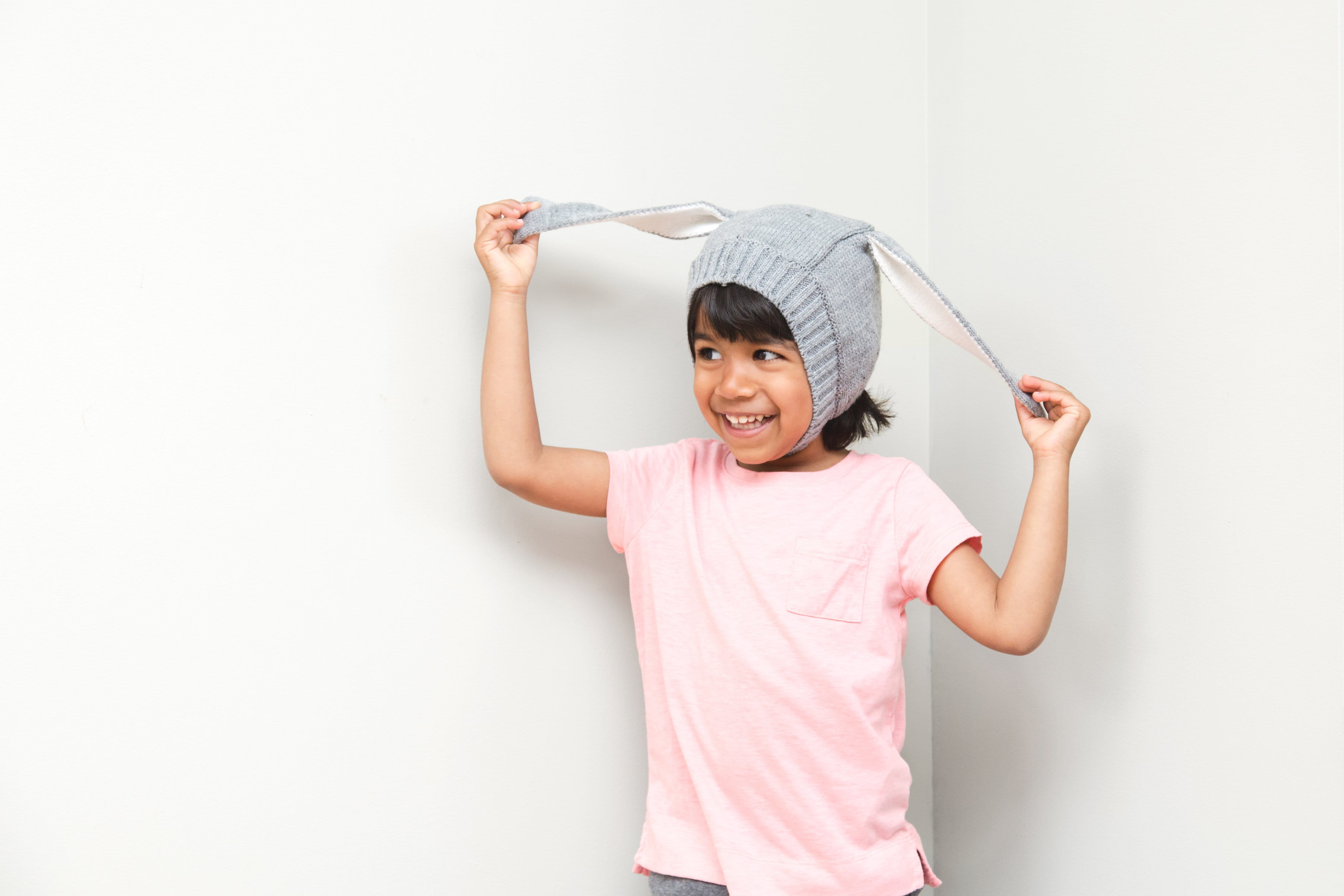 Girls, Hat, child, girl, Portraits, waist up, ears, one person, Fun, casual clothing, studio shot, Emotion, smiling, cheerful, front view, standing, portrait, HD Wallpaper