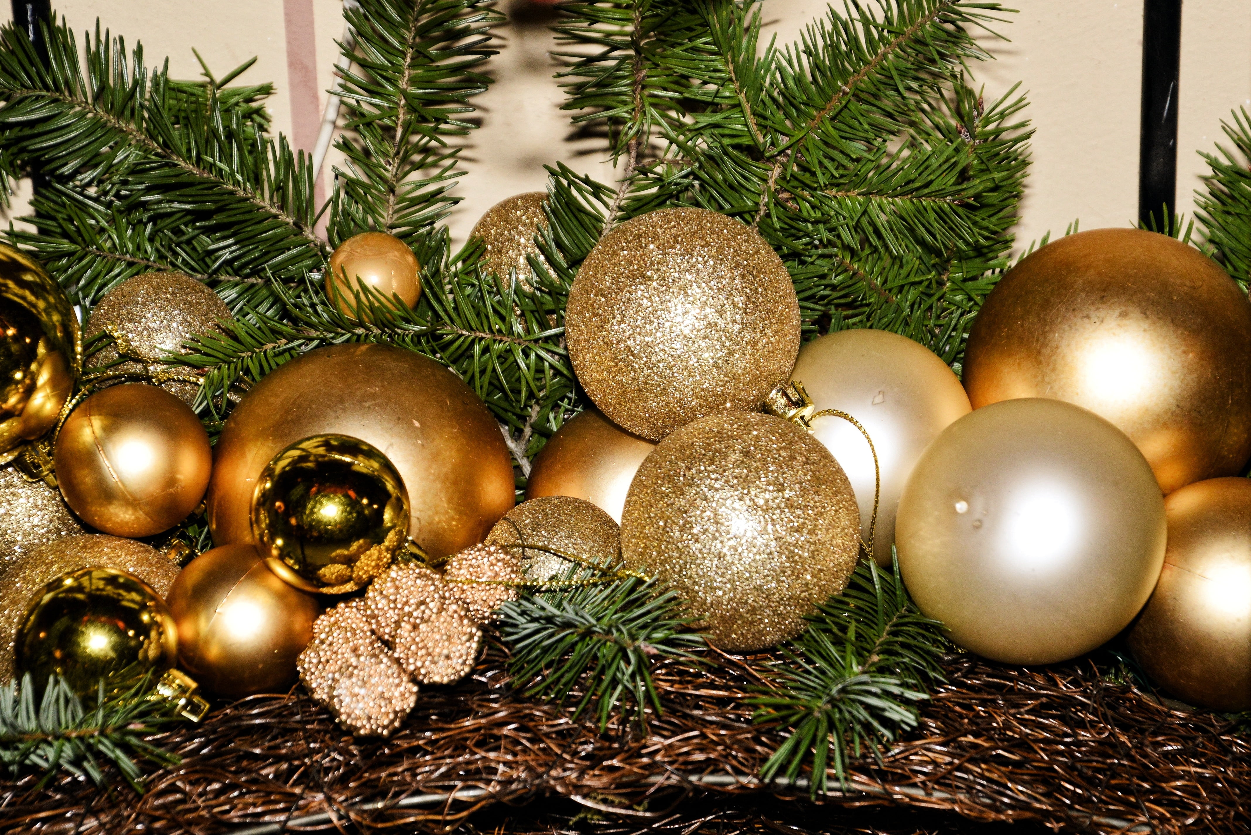 gold colored, decoration, christmas tree, celebration event, holiday, high angle view, no people, baubles, close-up, christmas ornament, festive decorations, HD Wallpaper