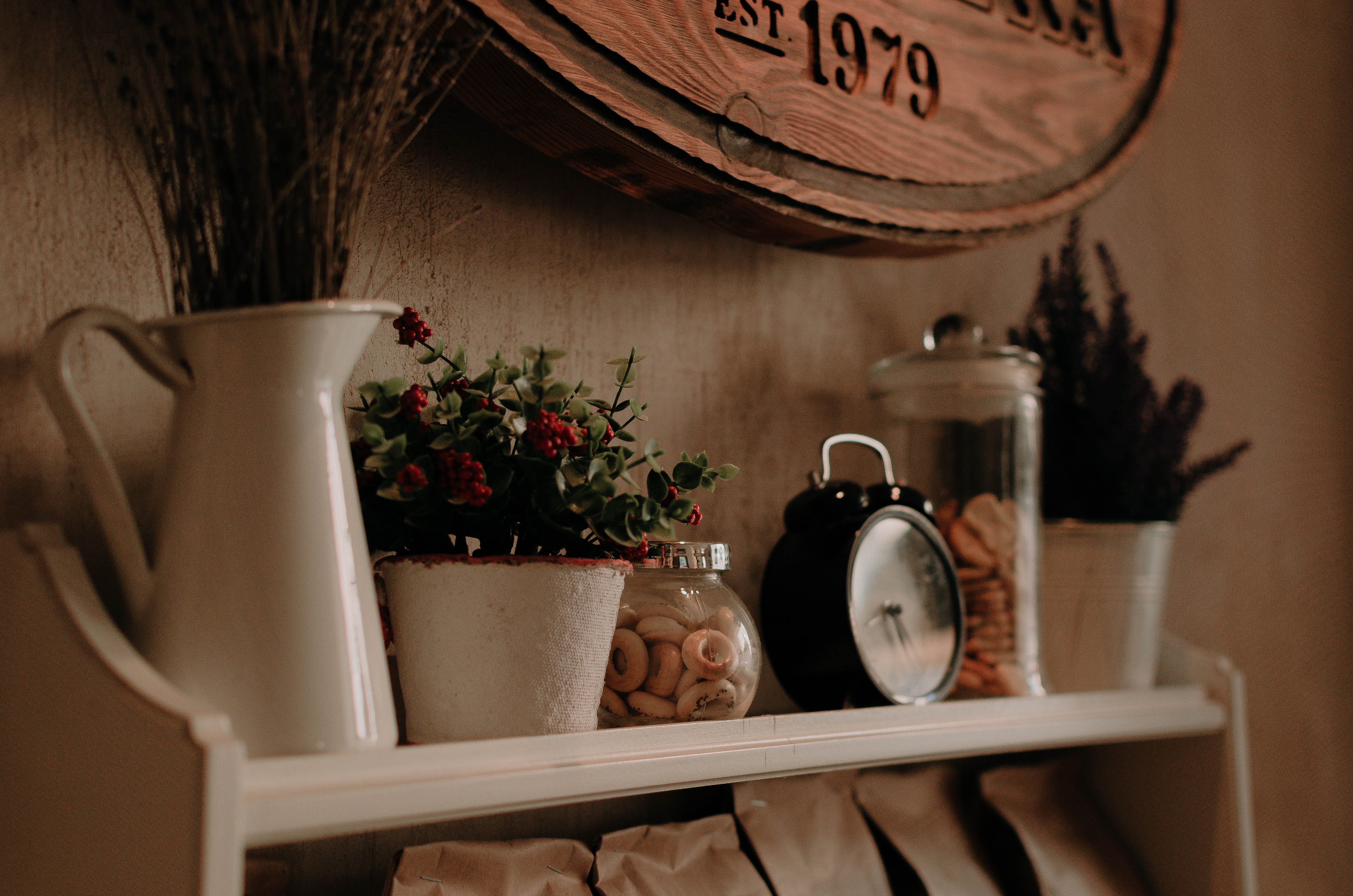 alarm clock, indoors, flower pot, clock, alarm, cookie, bell, teapot, time, nature, near, clear, antique, potted plant, black, ring, table, cup, text, plant, HD Wallpaper