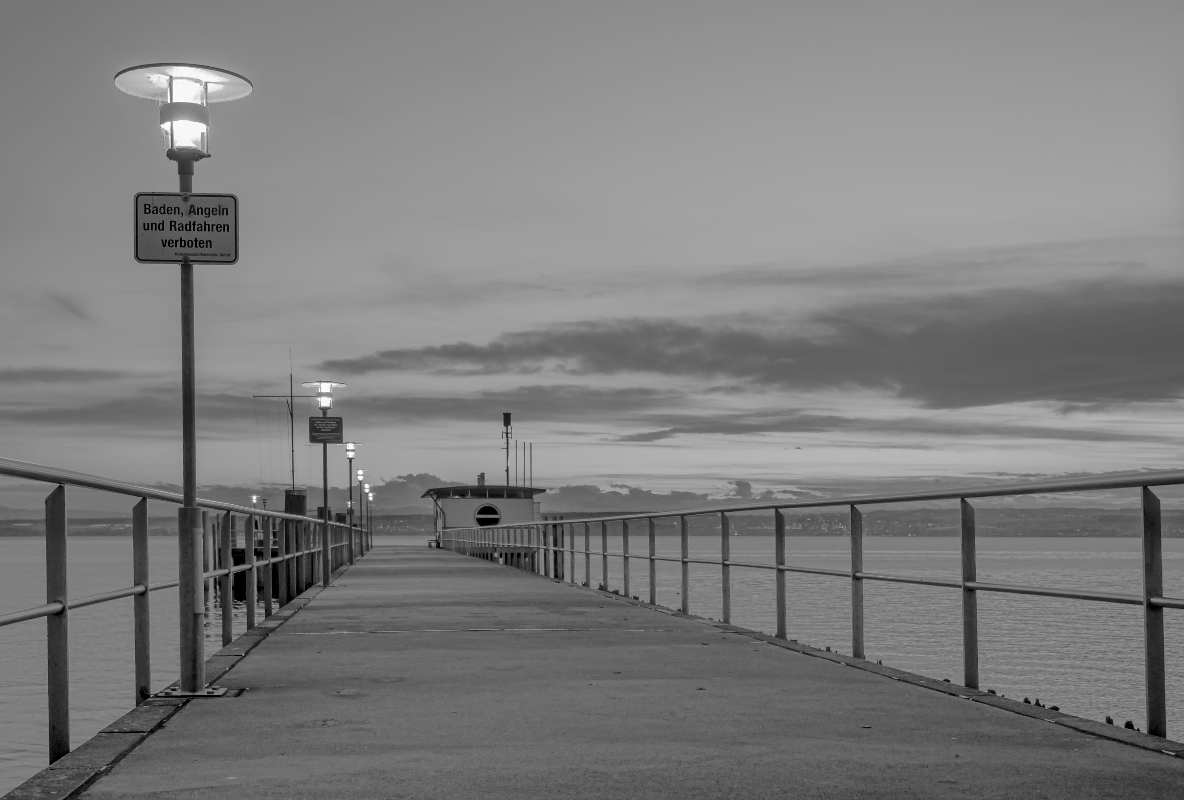 hagnau, footpath, sign, idyllic, illuminated, holiday destination, the way forward, sea, light, sky, communication, pier, cloud - sky, no people, lake constance, HD Wallpaper