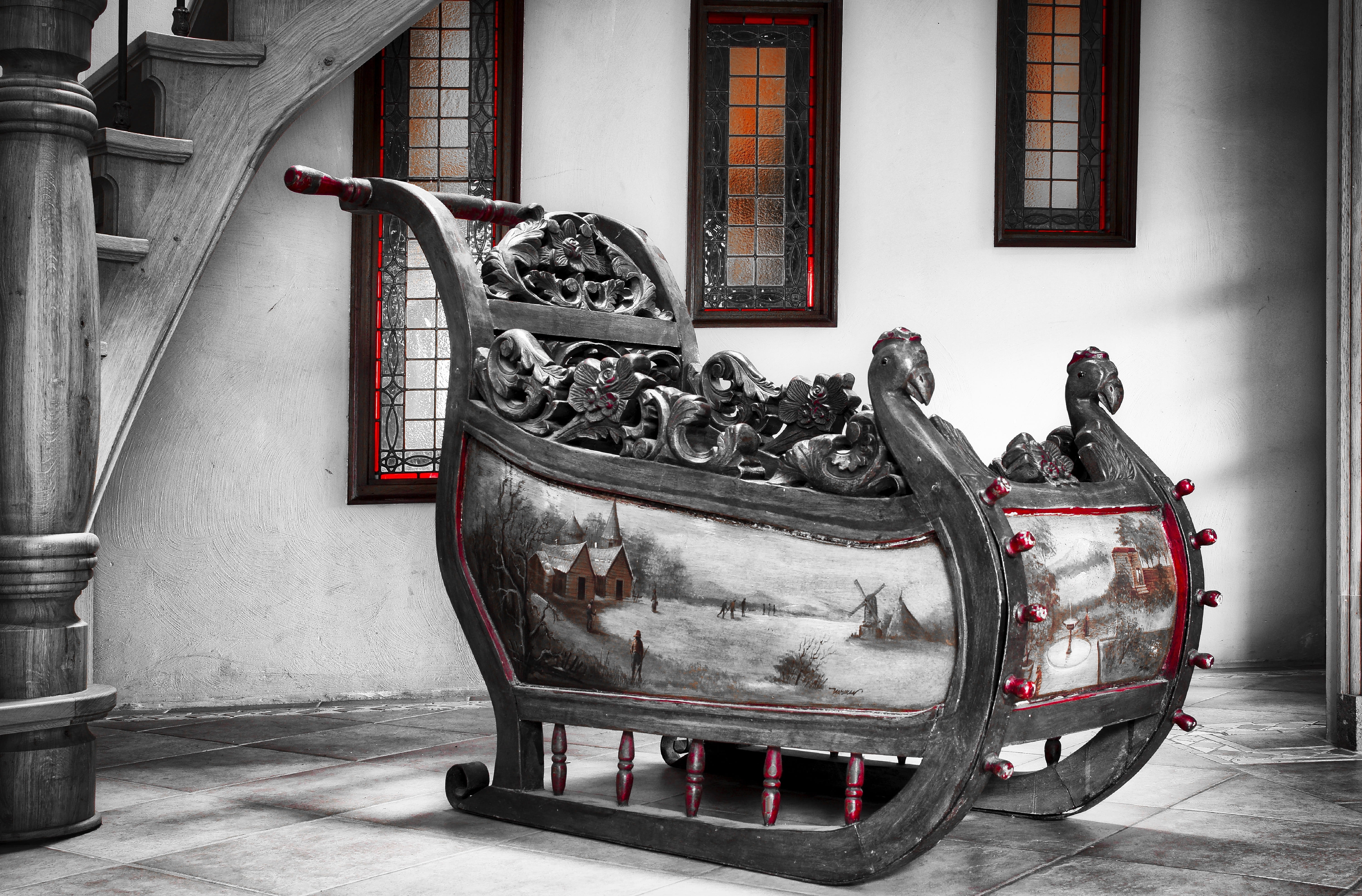mode of transportation, architecture, sculpture, furniture, window, black and white, s w, building exterior, house, old, day, 1900, built structure, red, HD Wallpaper