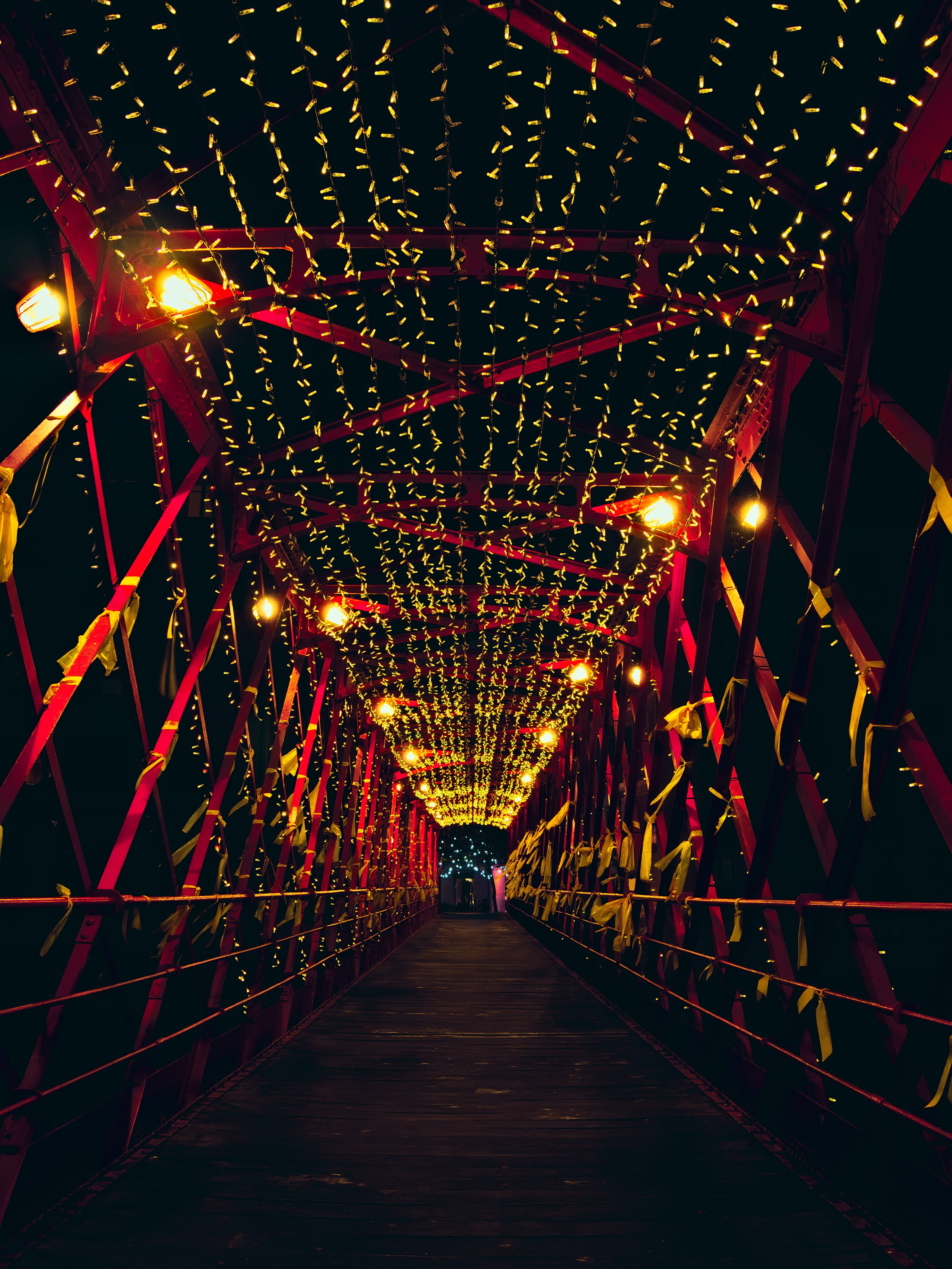footpath, hanging, outdoors, direction, decoration, lights, backgrounds, diminishing perspective, night, built structure, string, long, light, illuminated, Phone HD Wallpaper
