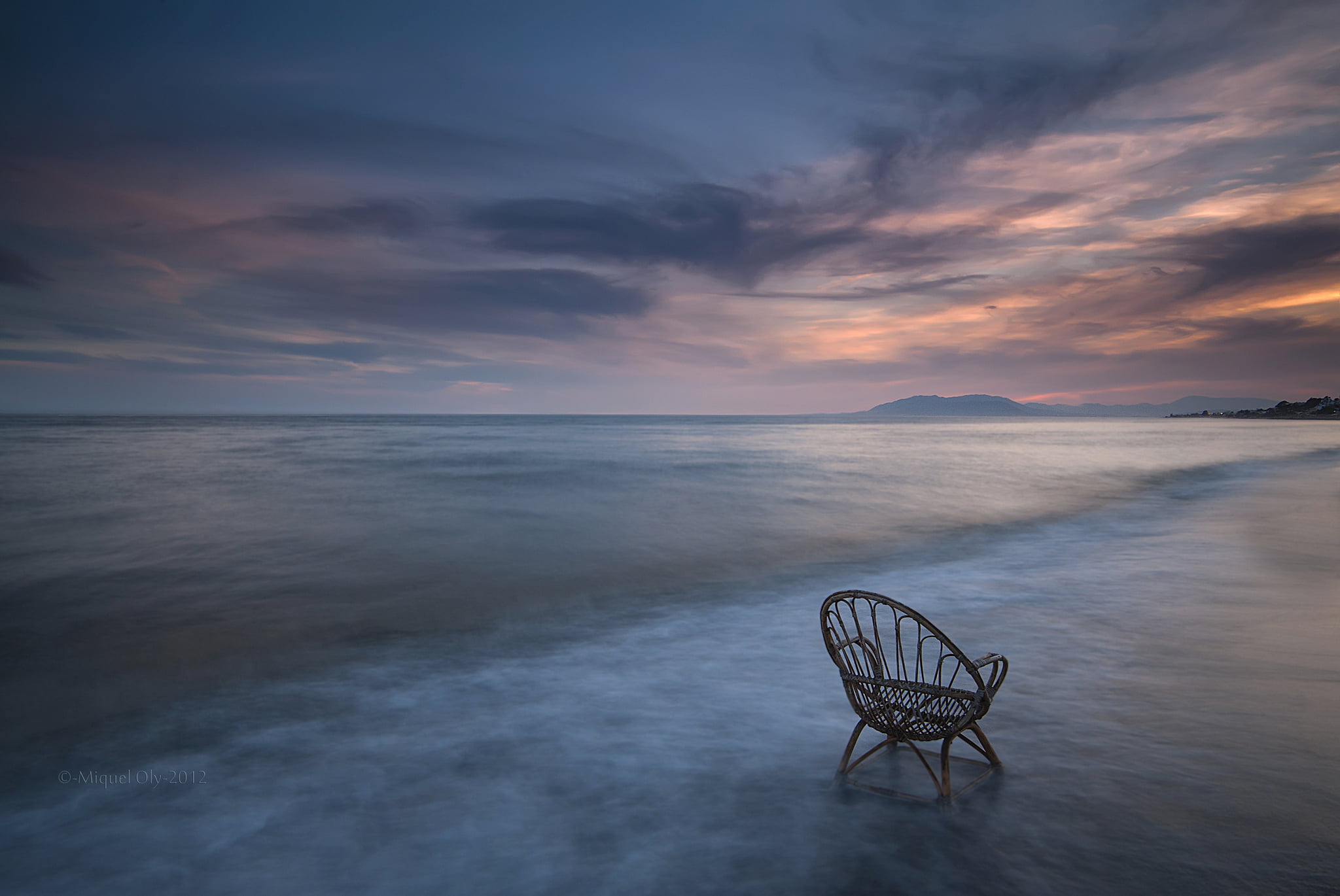 tranquility, armchair, absence, waterfront, dusk, cloud - sky, beauty in nature, water, sky, beach, horizon, chair, the sky, clouds, sunset, tranquil scene, HD Wallpaper