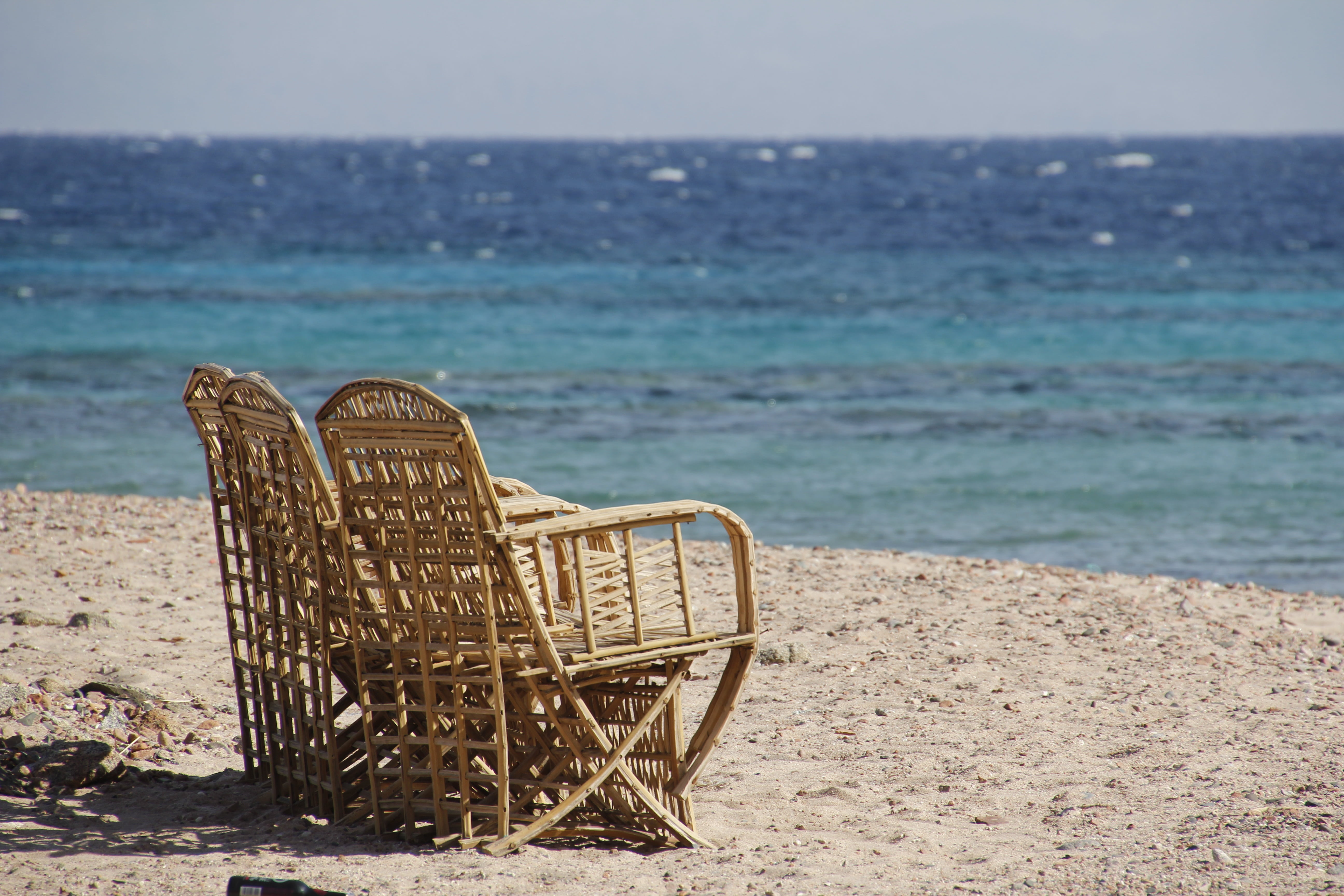 scenics - nature, by the sea, tranquility, beach, summer, water, land, no people, sit, horizon over water, abandoned, sky, seating furniture, vacations, HD Wallpaper