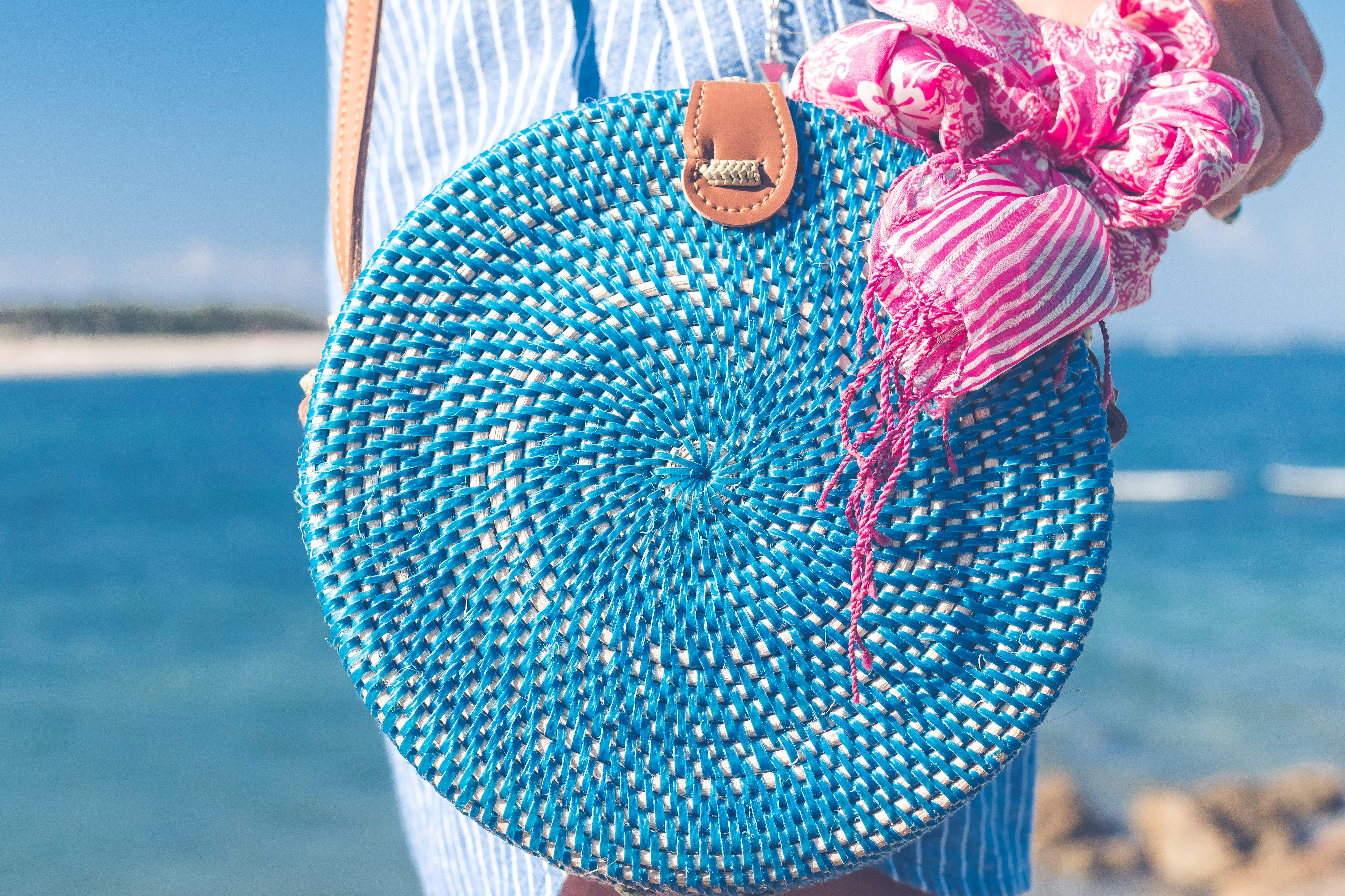 beach, outdoors, adult, rattan, bag, nature, land, midsection, pattern, pink, women, clothing, one person, standing, scarf, focus on foreground, accessory, HD Wallpaper