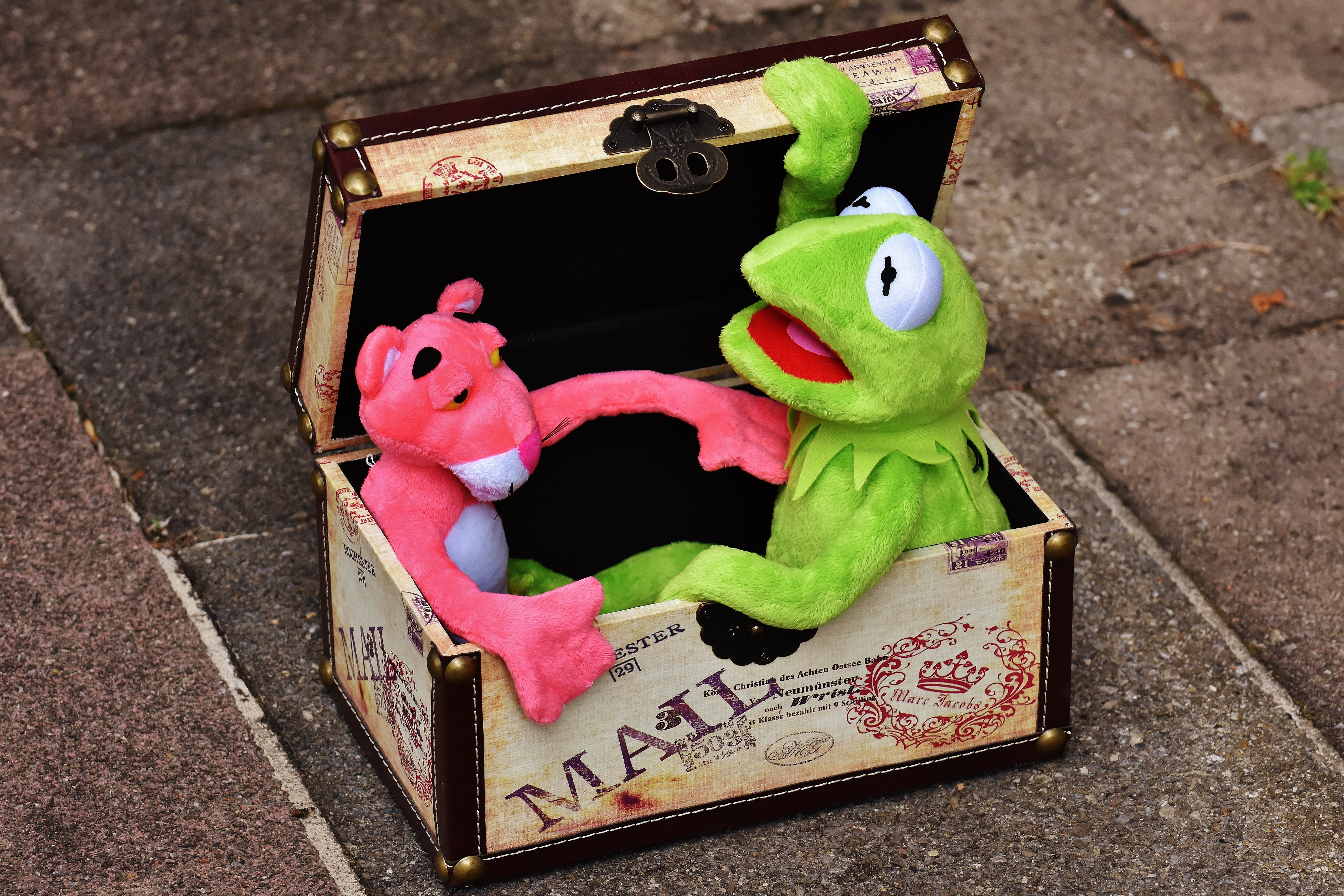 children, no people, high angle view, close-up, art and craft, box, creativity, stuffed toy, outdoors, toy, go away, emotion, 5K, pink color, wood - material, HD Wallpaper