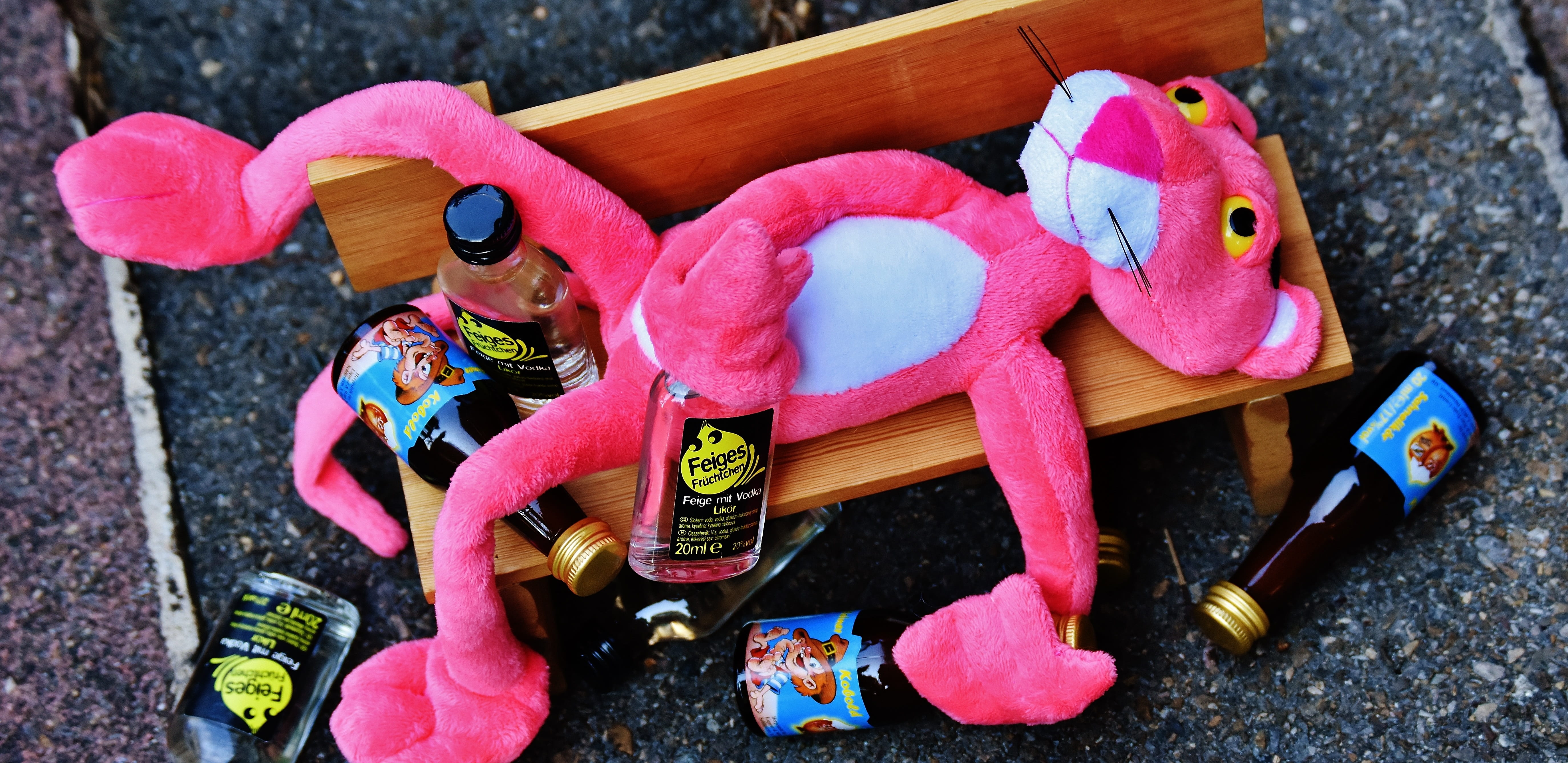 figure, pink, still life, drunk, high angle view, outdoors, table, plush, representation, bottles, close-up, lying, stuffed animal, day, animal, rest, sit, HD Wallpaper