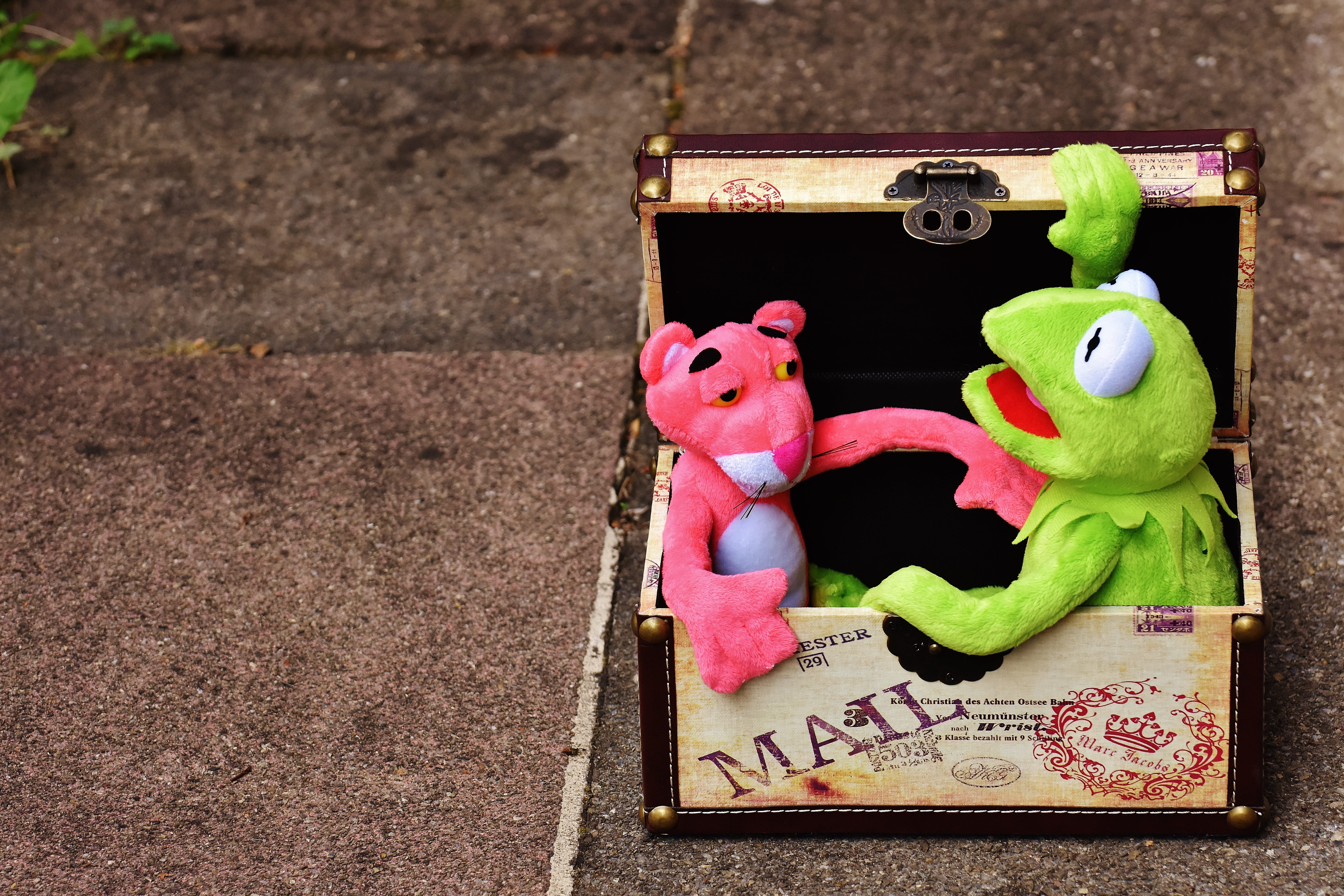 emotion, multi colored, kermit, art and craft, holiday, stuffed toy, go away, stuffed animal, heart shape, plush toys, chest, frog, suitcase fun, plush, HD Wallpaper