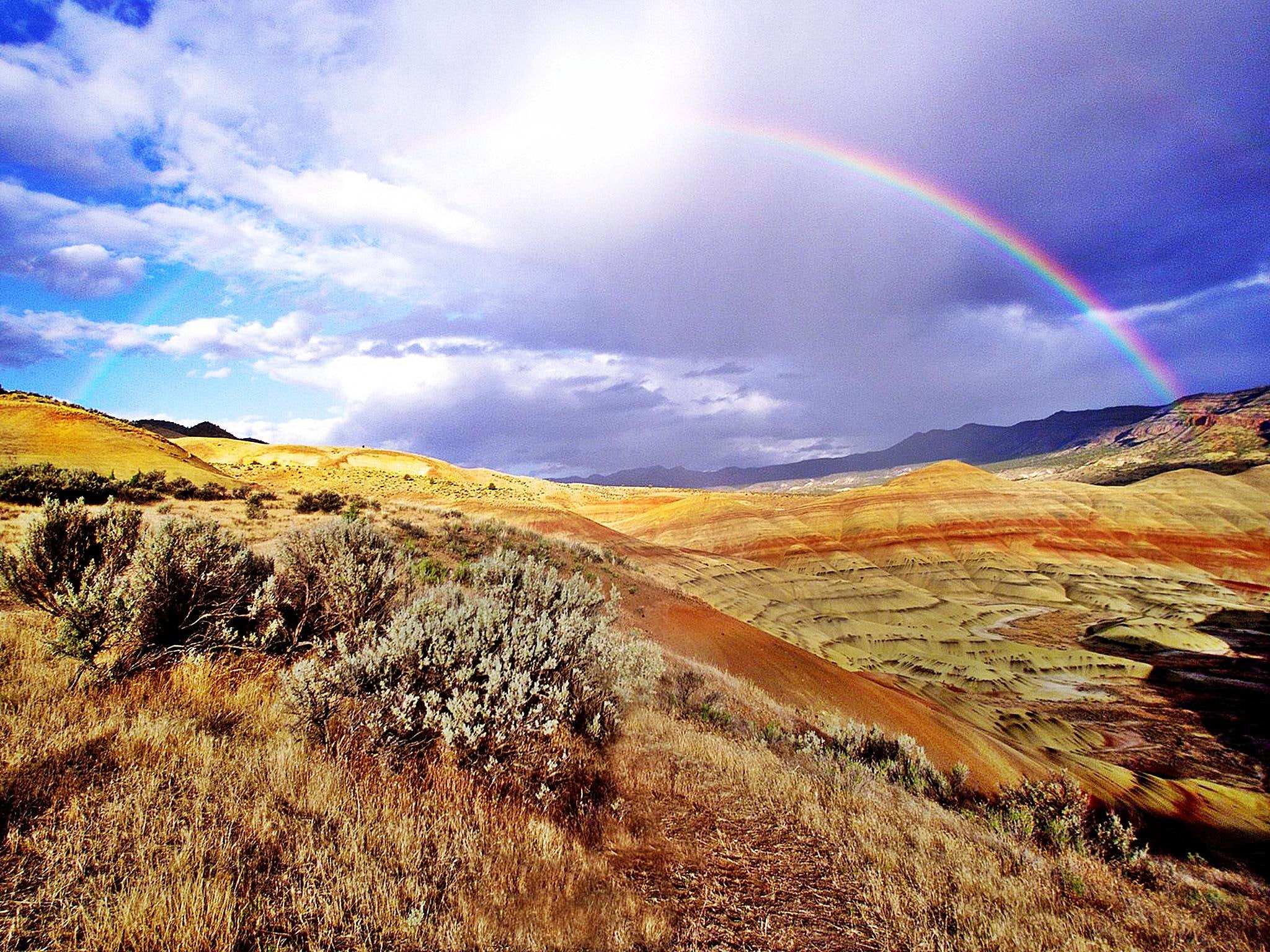 bright, 1080P, colorful, oregon, 3d and abstract, clouds, beds, rainbow, hills, fossil, nature, HD Wallpaper