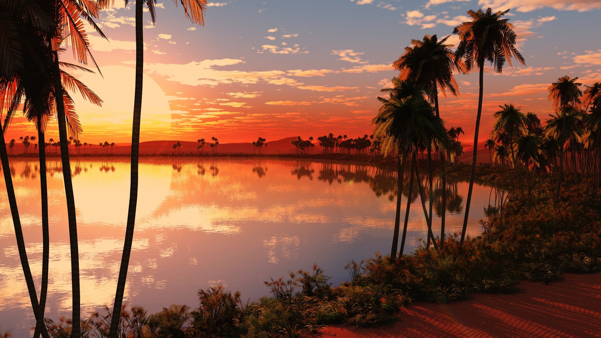 nature, sunset, art, beautiful, PALM TREES, beach, ISLAND, hd, 1080P, Clouds, sunsets, Oasis, HD Wallpaper