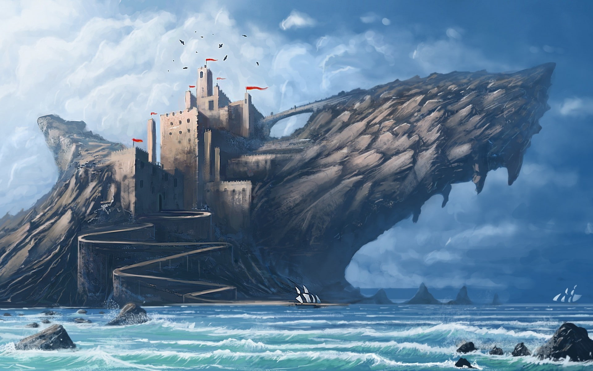 1080P, flag, nature, waves, water, rock, sea, sailing ship, fantasy art, birds, castle, shark, clouds, digital art, HD Wallpaper