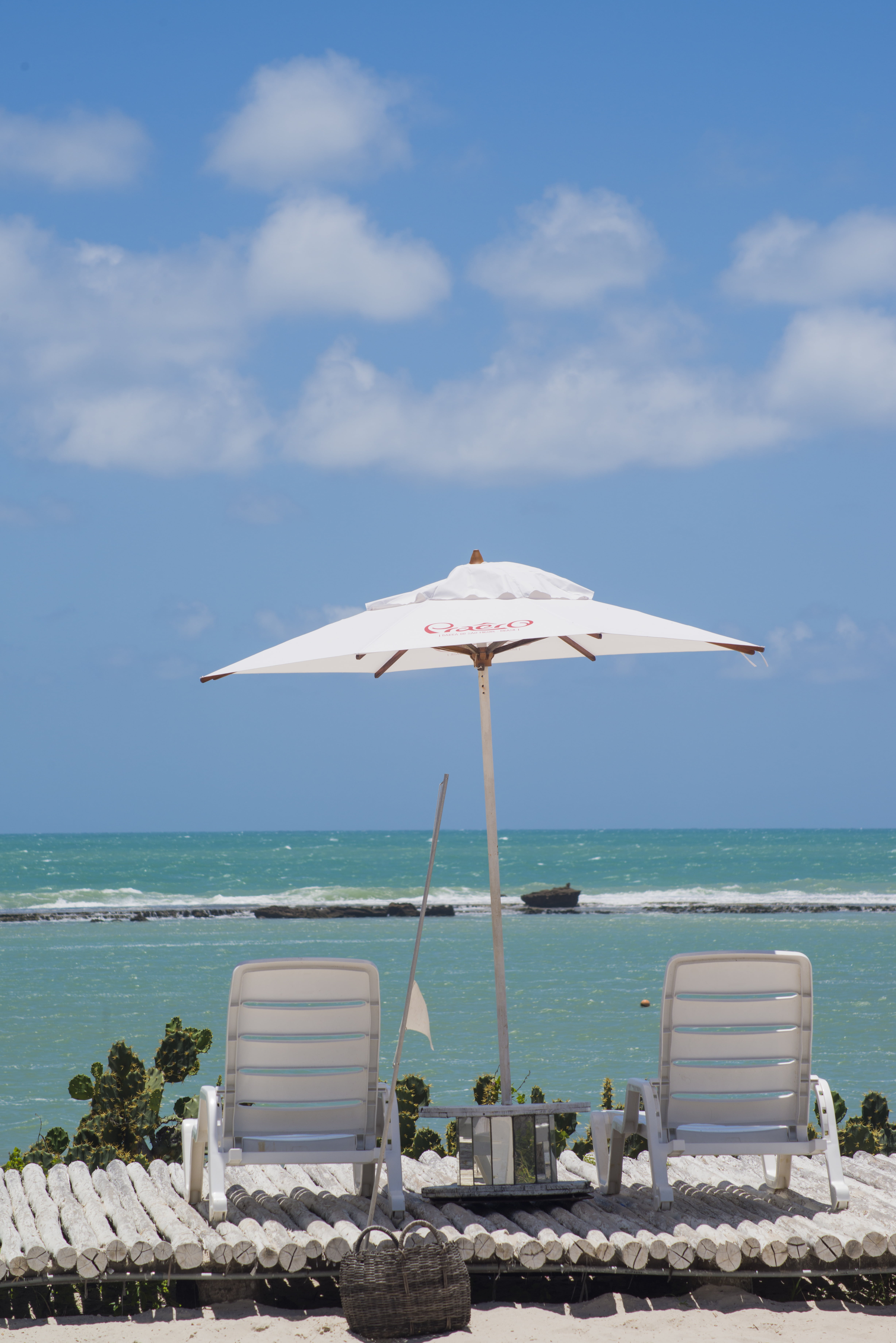 chair, beach, tranquility, nature, seat, beauty in nature, alagoas, tranquil scene, no people, 5K, water, day, sky, beira mar, umbrella, horizon over water, Phone HD Wallpaper