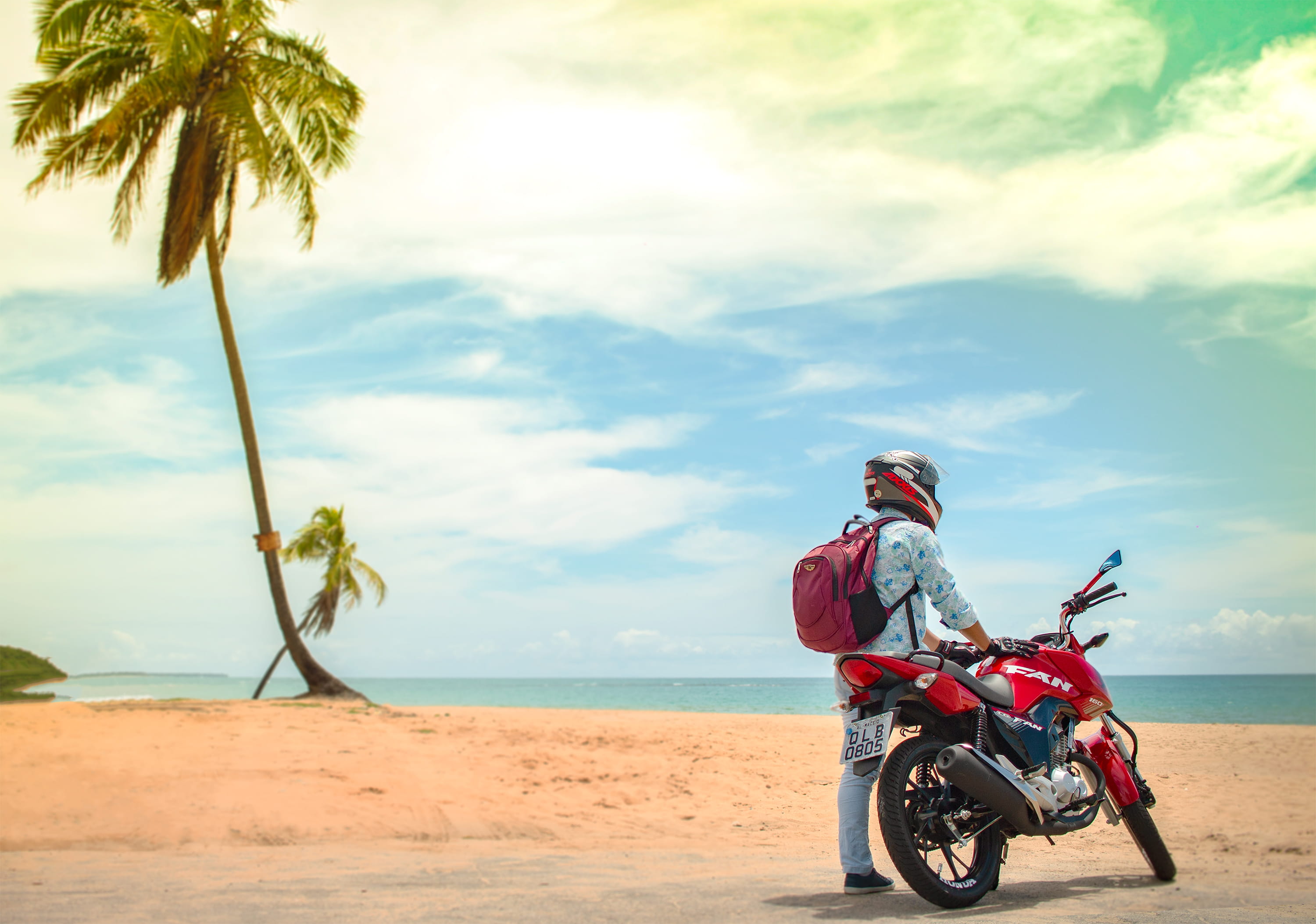motorcycle, person, plant, motor, mode of transportation, vehicle, bike, riding, scenics - nature, sky, apparel, red, human, one person, nature, #maceio #algoas #brazil #honda #beach, HD Wallpaper