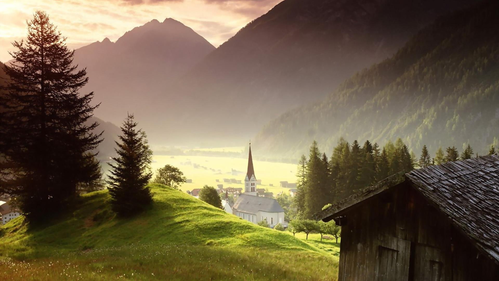 1080P, canyon, church, scenic, village, mountain, forest, desktop, HD Wallpaper