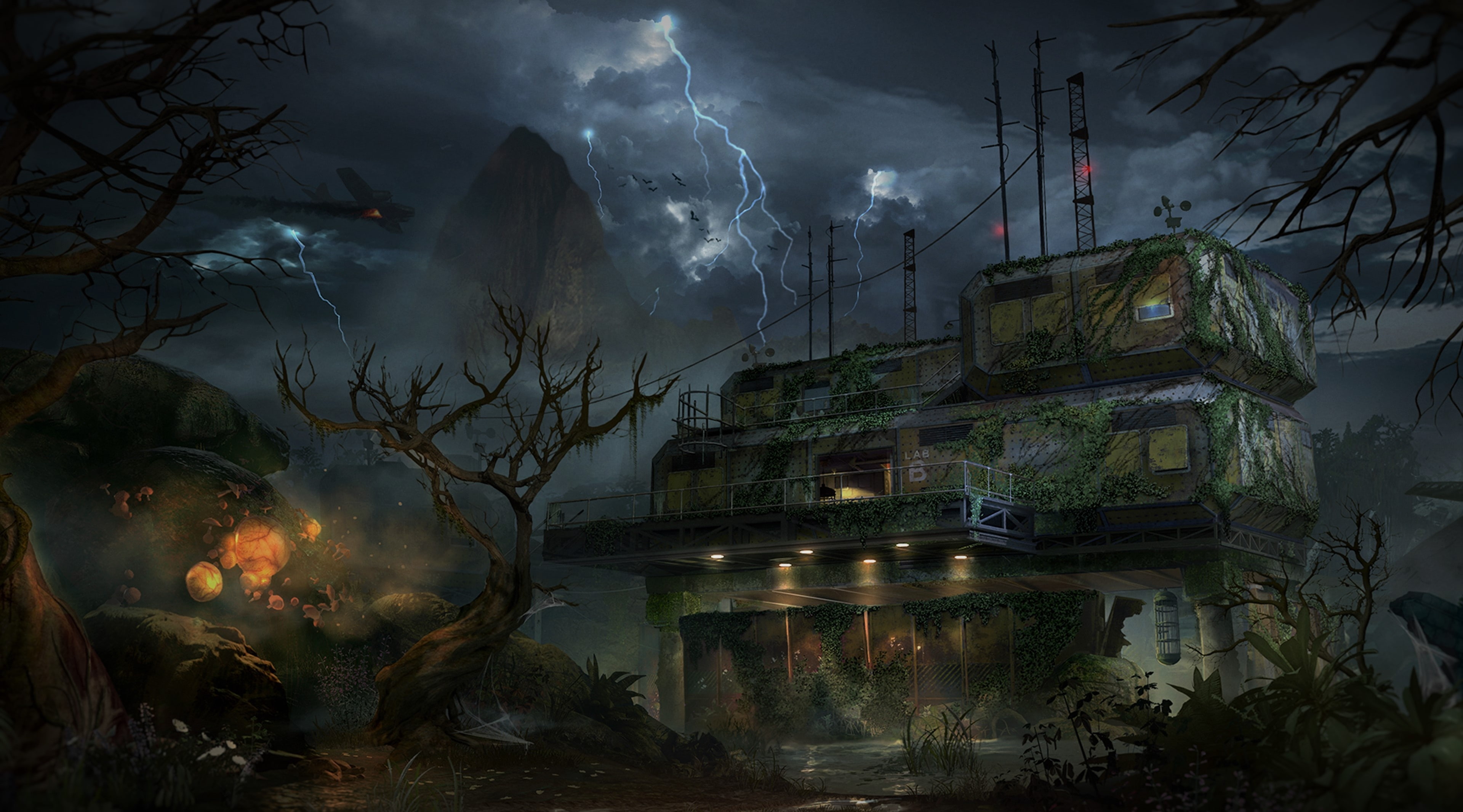 lightning, cloud - sky, near, digital, storm, sky, structure, cod, outdoors, building, plant, architecture, tree, nature, illuminated, painting, trees, HD Wallpaper