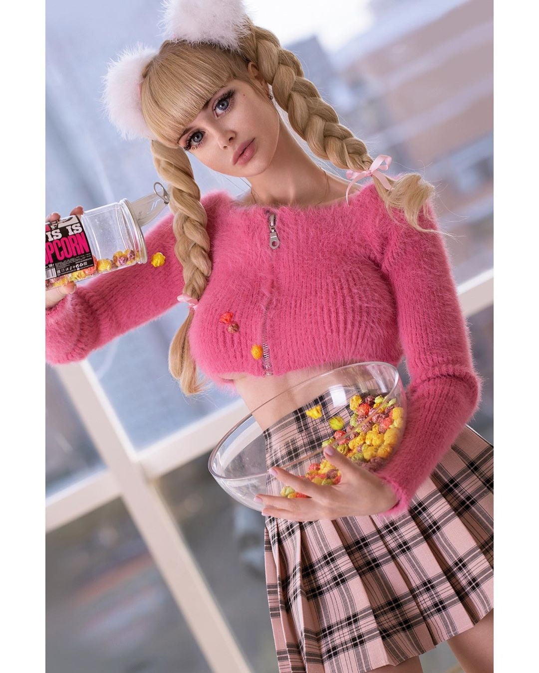 skirt, braids, window, looking at viewer, bare midriff, women indoors, bokeh, women, blonde, pink tops, zipper, eyelashes, bowls, long hair, high waisted, Phone HD Wallpaper