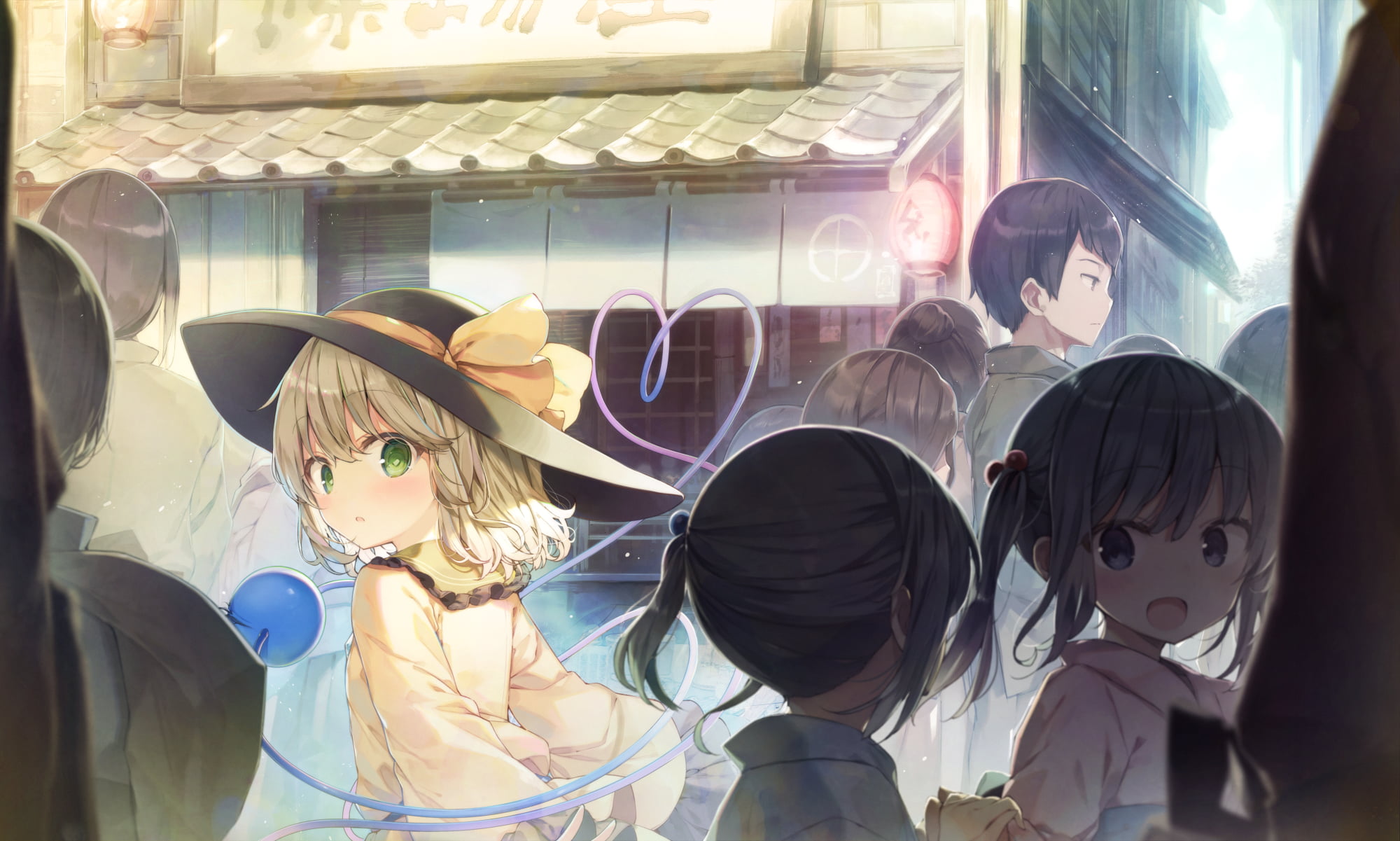 digital art, Komeiji Koishi, short hair, artwork, 1080P, city, anime, portrait, blonde, black hair, brunette, green eyes, black hat, long hair, anime girls, HD Wallpaper