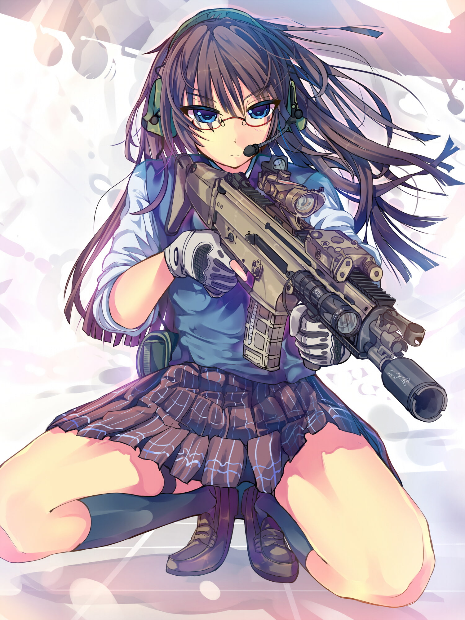 weapon, representation, knee-highs, front view, brunette, glasses, close-up, hair, anime, hairstyle, childhood, women, blue eyes, human body part, one person, Phone HD Wallpaper
