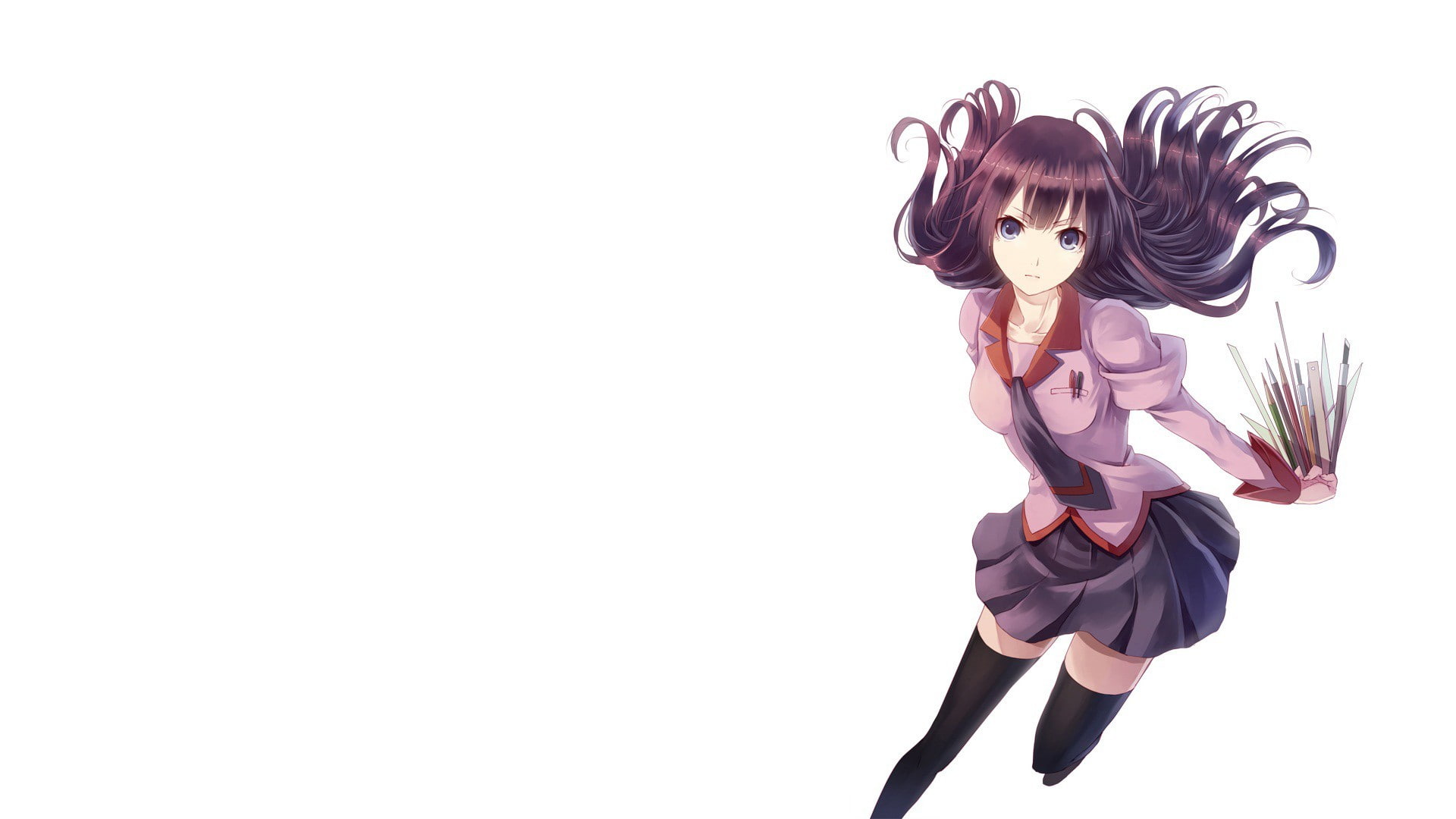 Senjougahara Hitagi, thigh-highs, brunette, school uniform, long hair, anime, skirt, simple background, Monogatari Series, blue eyes, 1080P, anime girls, HD Wallpaper