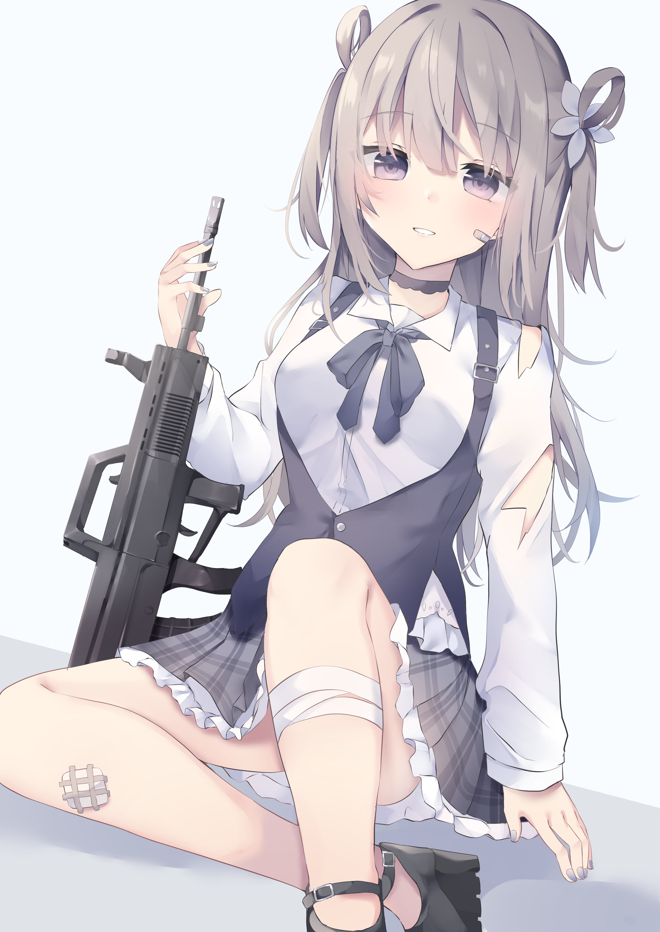 digital art, simple background, gun, long hair, 2K, blue eyes, gray hair, anime, artwork, vertical, skirt, original characters, weapon, open mouth, school uniform, Phone HD Wallpaper