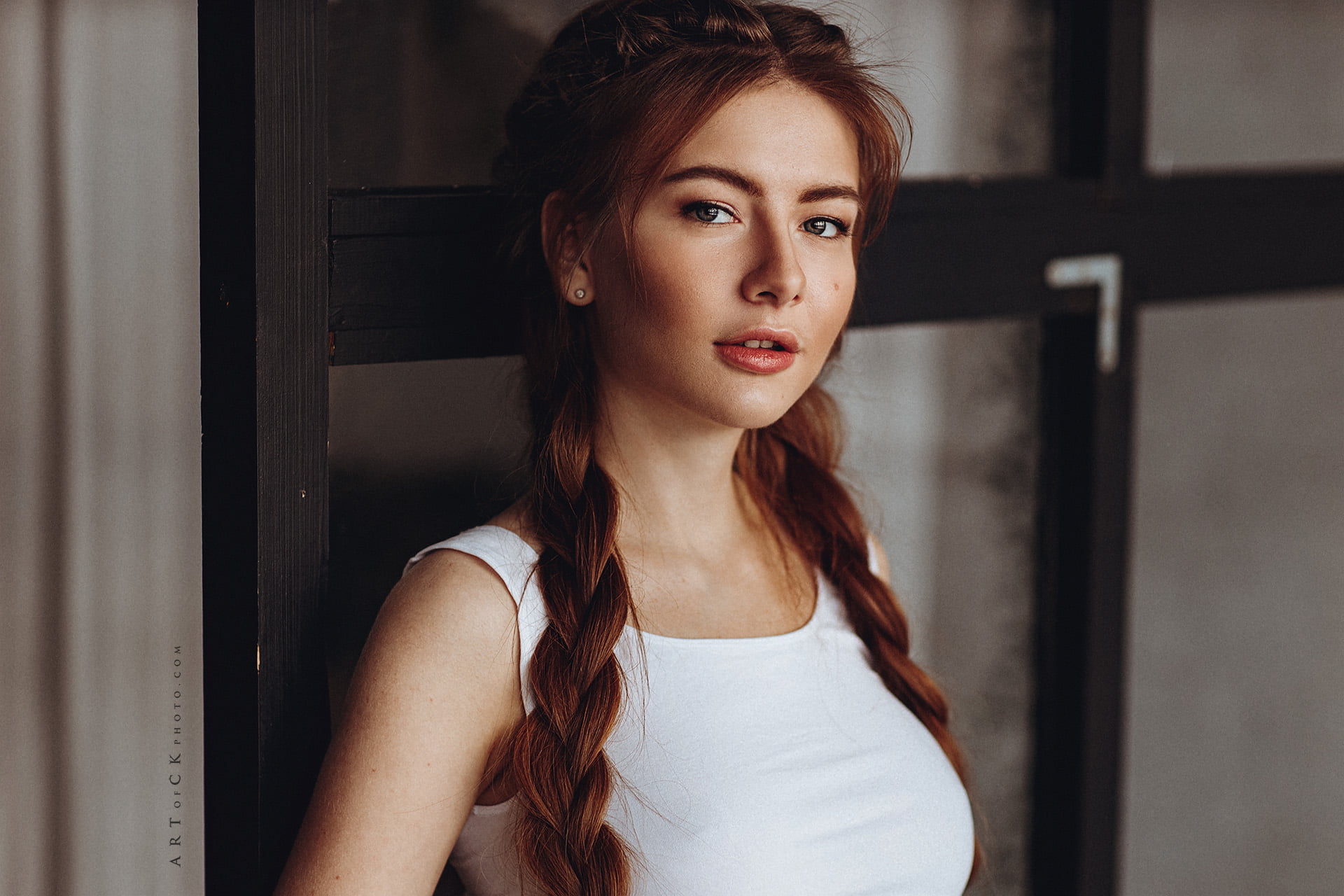 white tops, bare shoulders, 1080P, gray eyes, braids, pigtails, pink lipstick, face, looking at viewer, Stepan Kvardakov, women, bokeh, portrait, redhead, HD Wallpaper