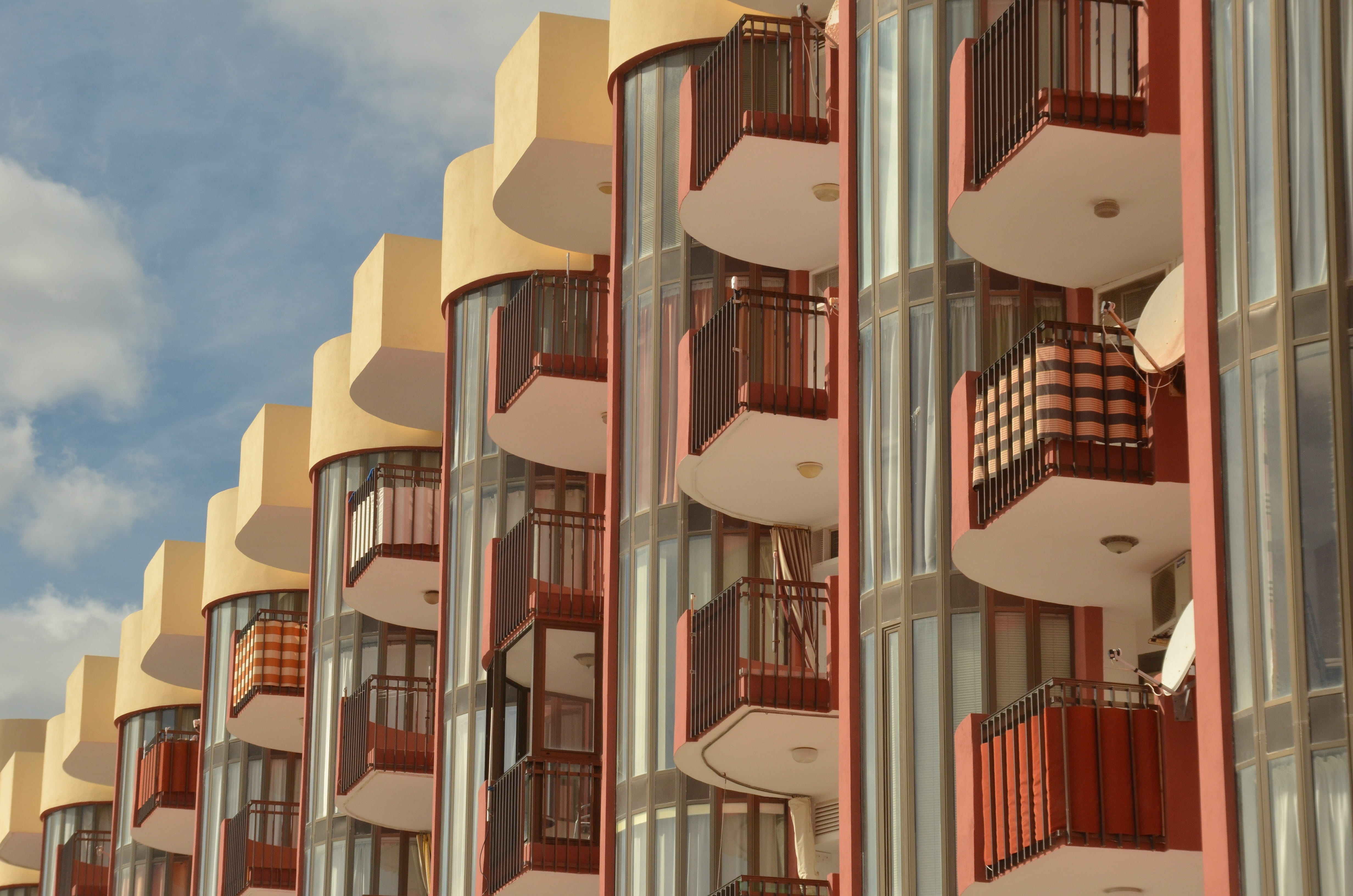 built structure, nature, low angle view, apartment, outdoors, day, sky, window, repetition, architecture, cloud - sky, city, flat, modern, 4K, no people, HD Wallpaper