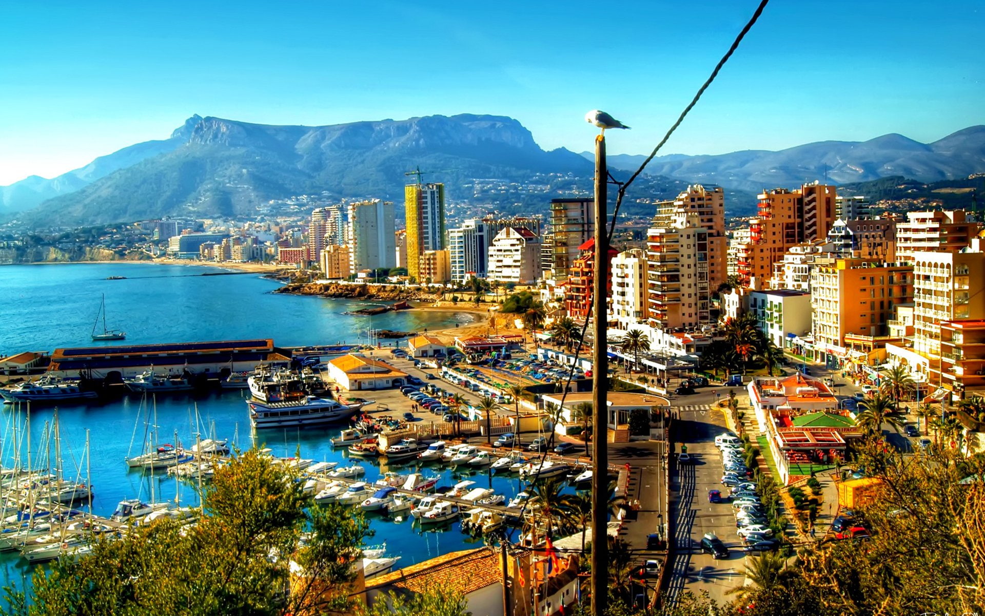 street, skyscraper, outdoors, day, 1080P, building exterior, nautical vessel, city, no people, sky, water, Calp, nature, architecture, mountain, cityscape, HD Wallpaper