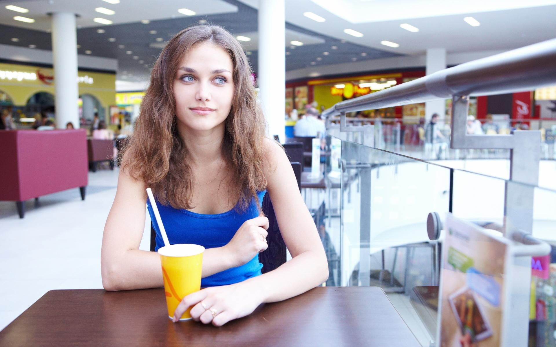beautiful woman, cup, beauty, young women, table, blue eyes, young adult, drink, front view, business, food and drink, one person, hairstyle, 1080P, model, HD Wallpaper