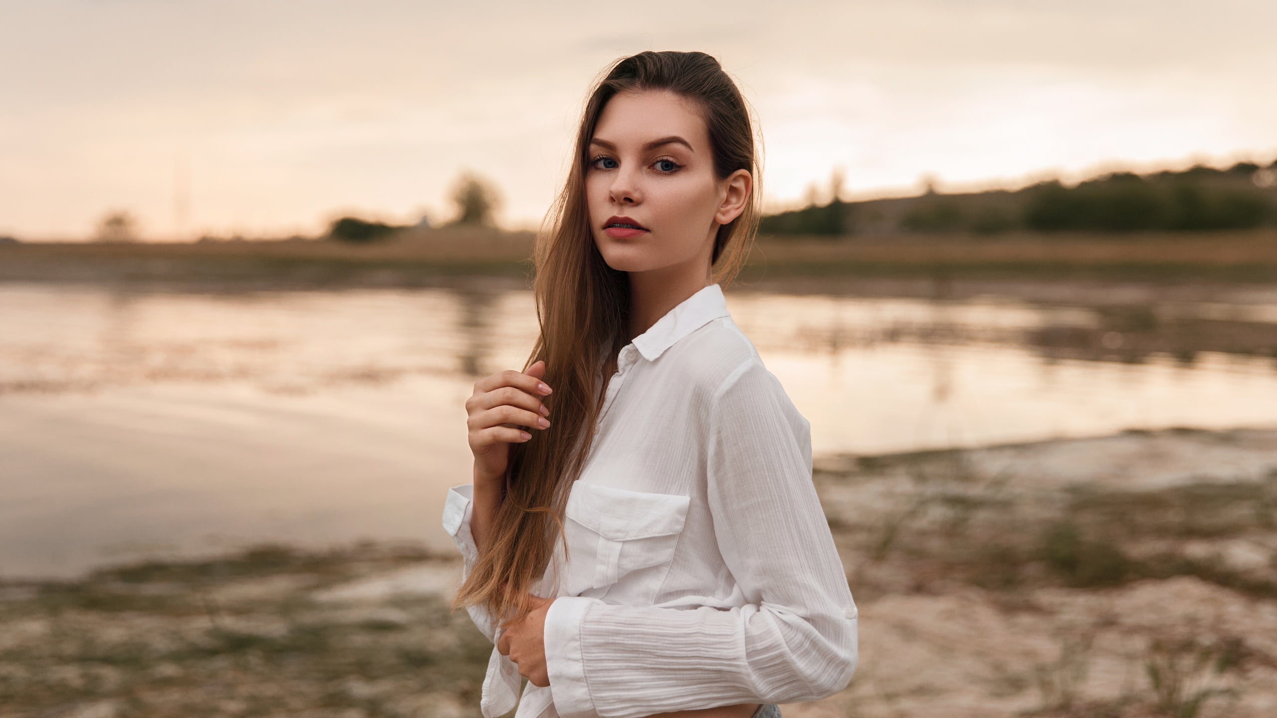 portrait, white shirt, hair, young adult, adult, blue eyes, looking at camera, water, long hair, women outdoors, braces, women, standing, beauty, brown hair, HD Wallpaper
