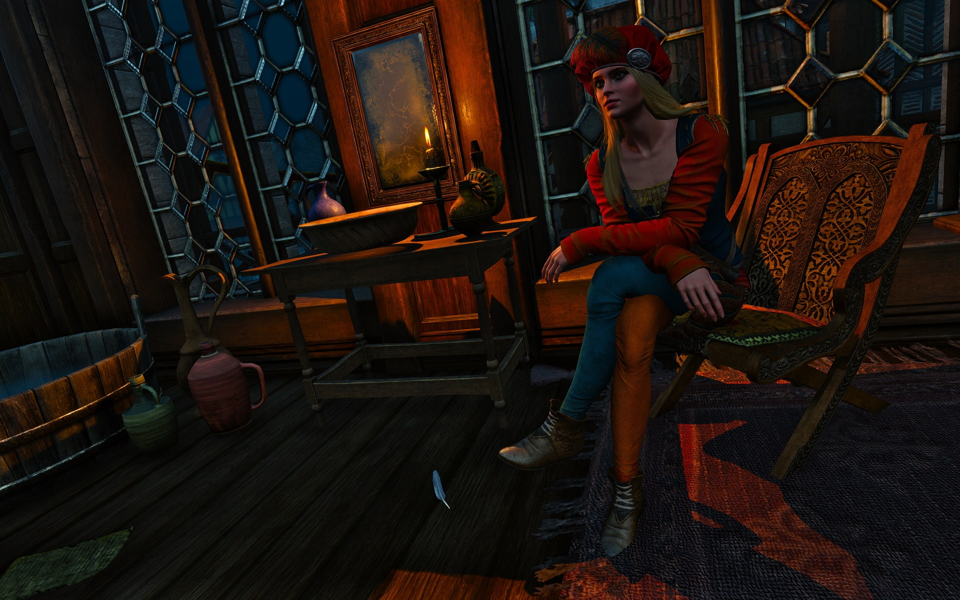 furniture, casual clothing, The Witcher 3: Wild Hunt, Priscilla, 1080P, window, flooring, domestic room, real people, video games, one person, full length, HD Wallpaper