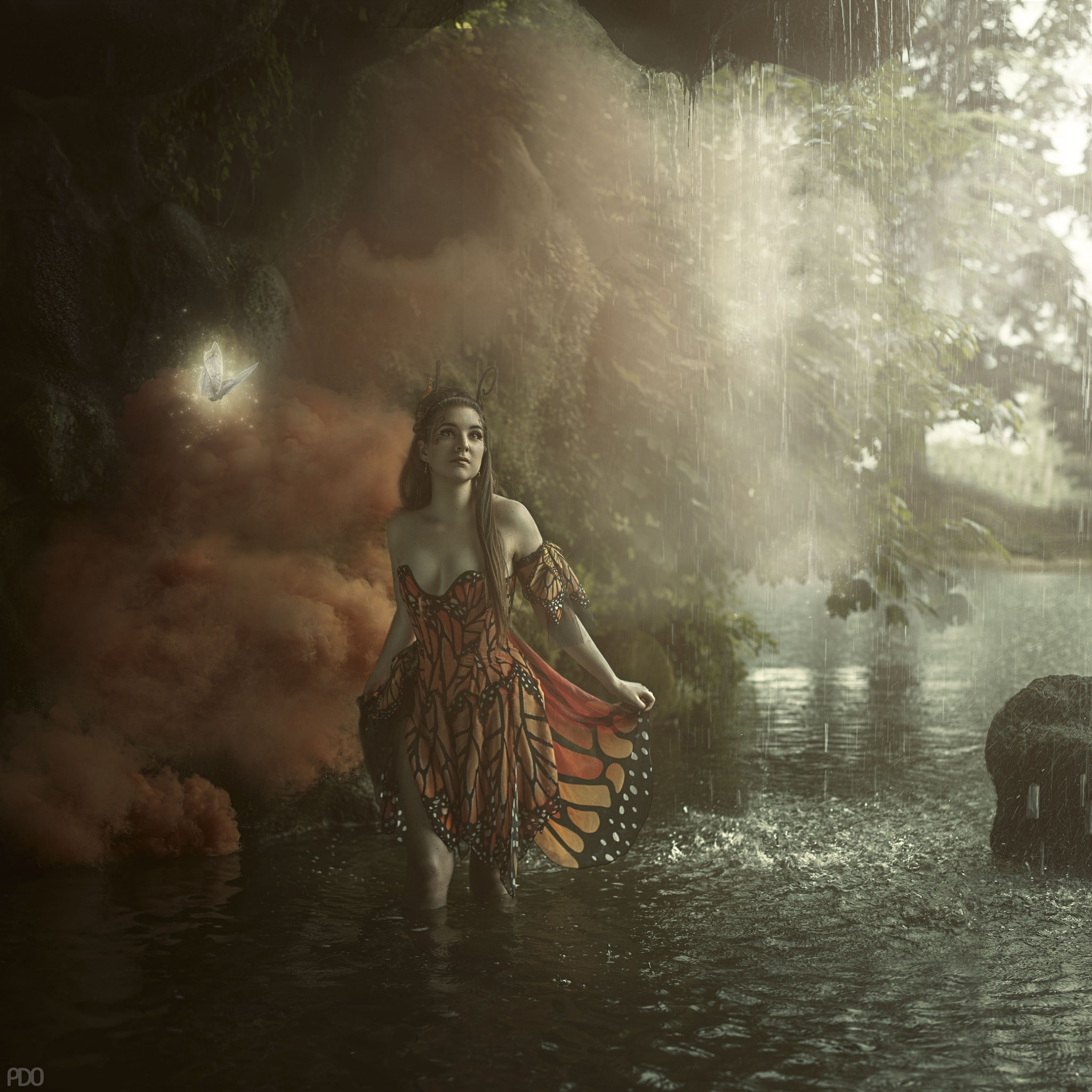 nature, 1080P, 500px, model, rain, forest, women, tree, fantasy art, beauty, fashion, water, river, travel, riding, adult, transportation, clothing, outdoors, Phone HD Wallpaper