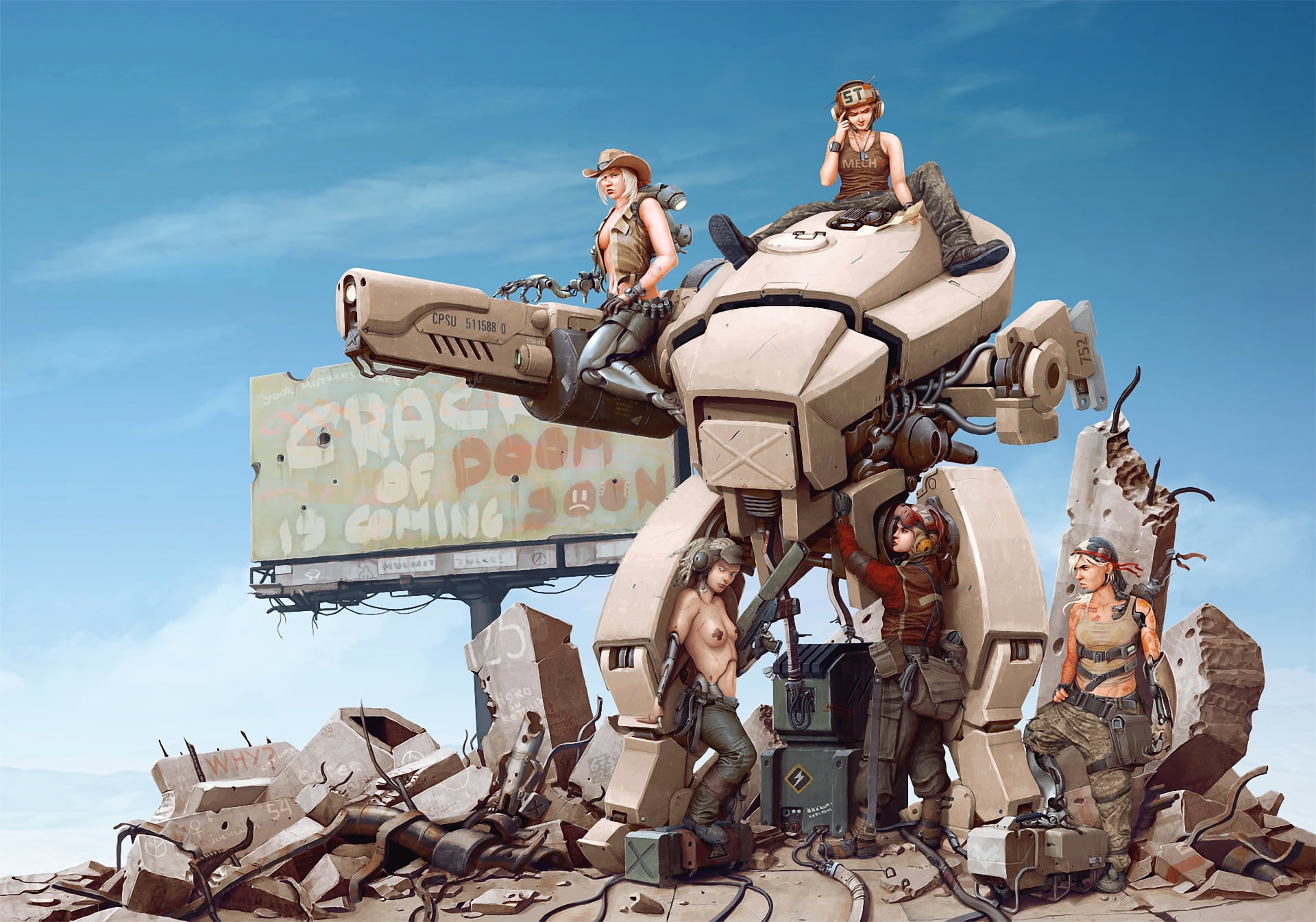 digital, mode of transportation, wire, sunlight, Art, ruins, robot, standing, architecture, cloud - sky, nature, robotic prostheses, group, land vehicle, HD Wallpaper