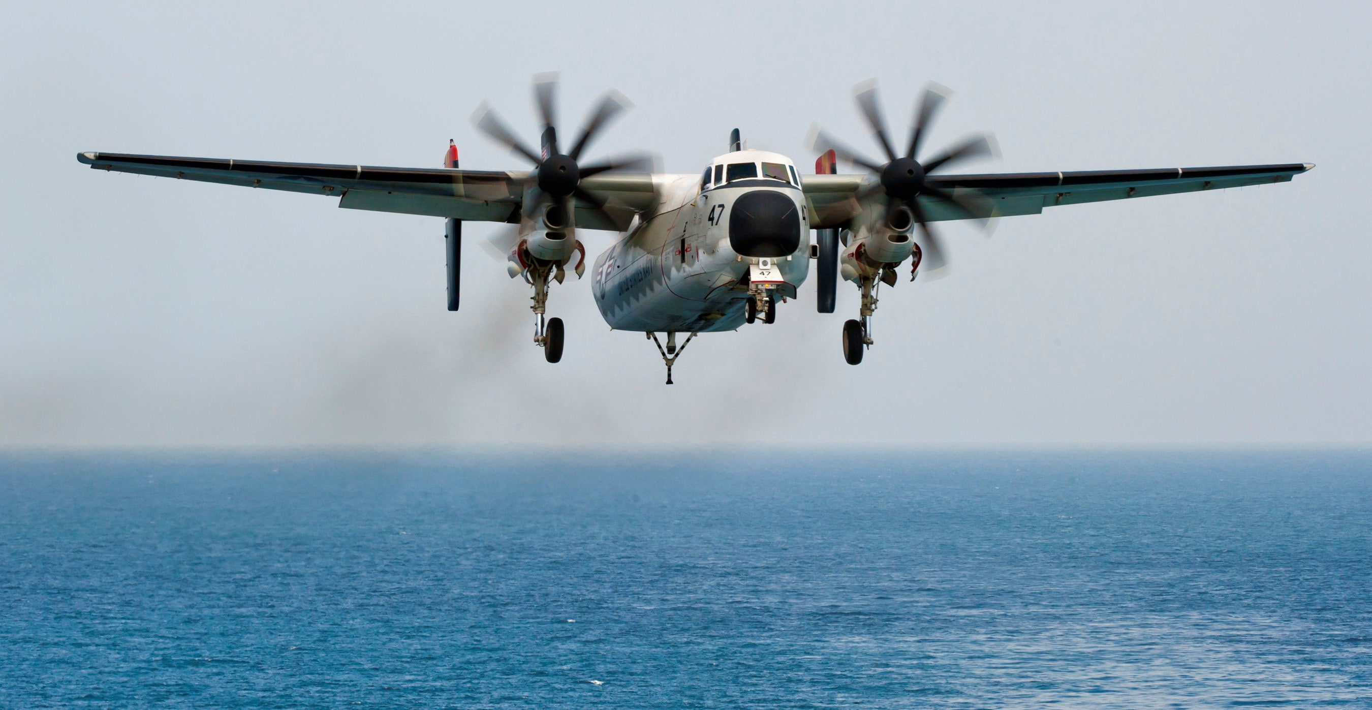 day, sea, propeller, mid-air, motion, air vehicle, horizon over water, 2K, travel, mode of transportation, grumman c 2 greyhound, horizon, nature, helicopter, HD Wallpaper