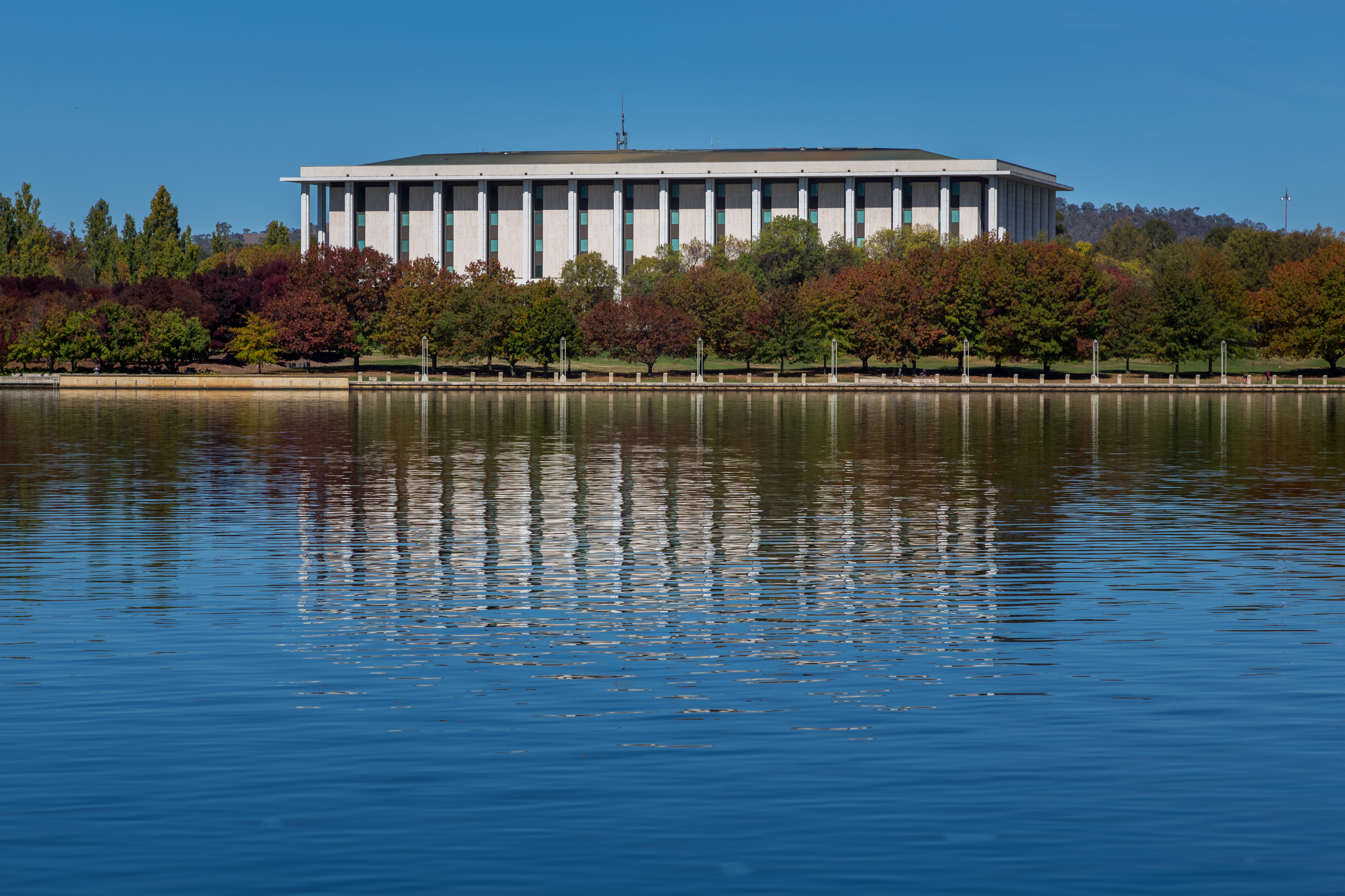 australia, waterfront, plant, clear sky, tree, lake, nature, building, lake burley griffin, blue, built structure, architectural column, reflections, travel destinations, HD Wallpaper