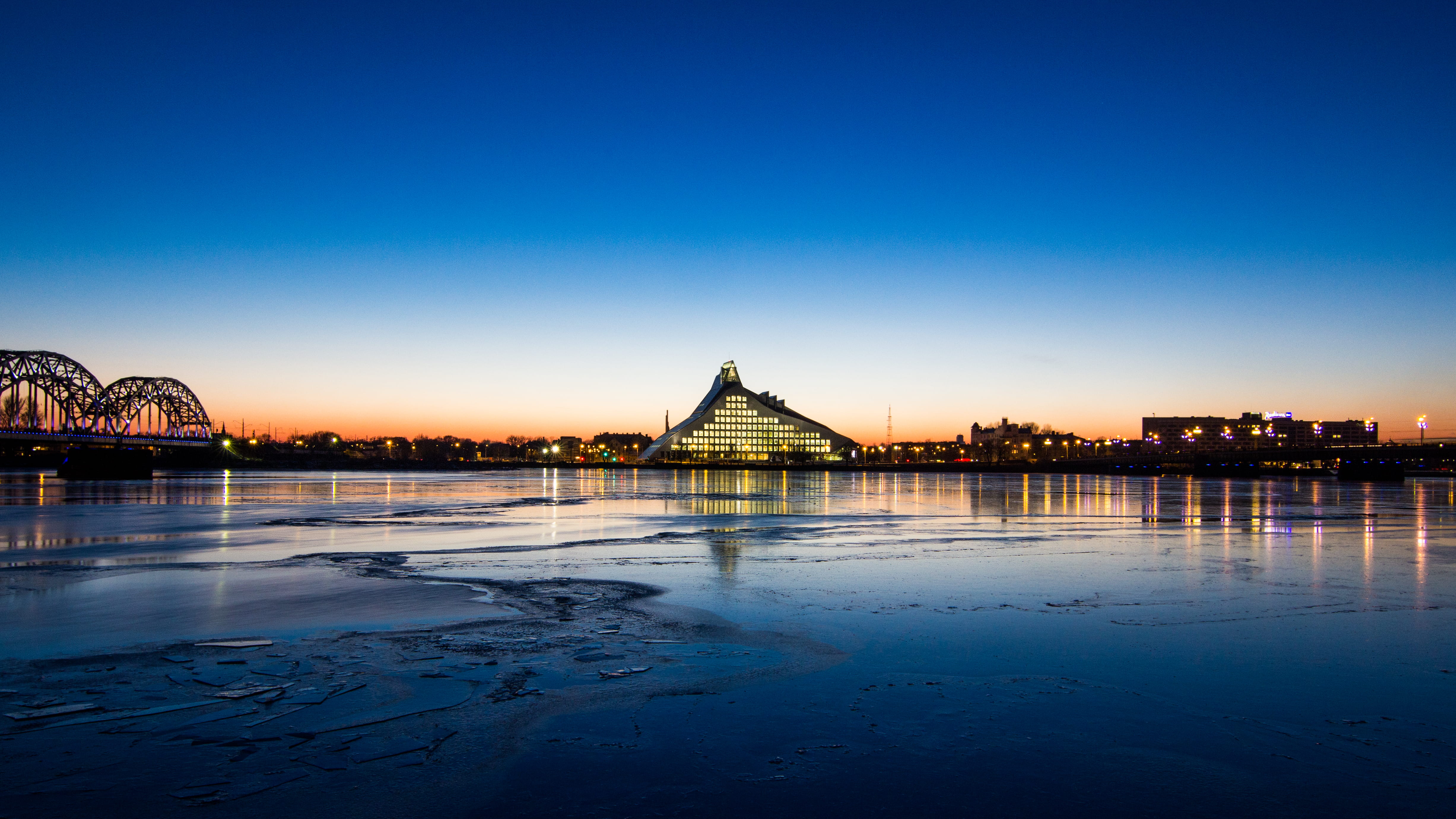 pils, winter, water, building, waterfront, sunset, of, dusk, architecture, pier, river, port, dock, blue, hour, outdoors, nature, bibliotēka, frozen, cold temperature, HD Wallpaper