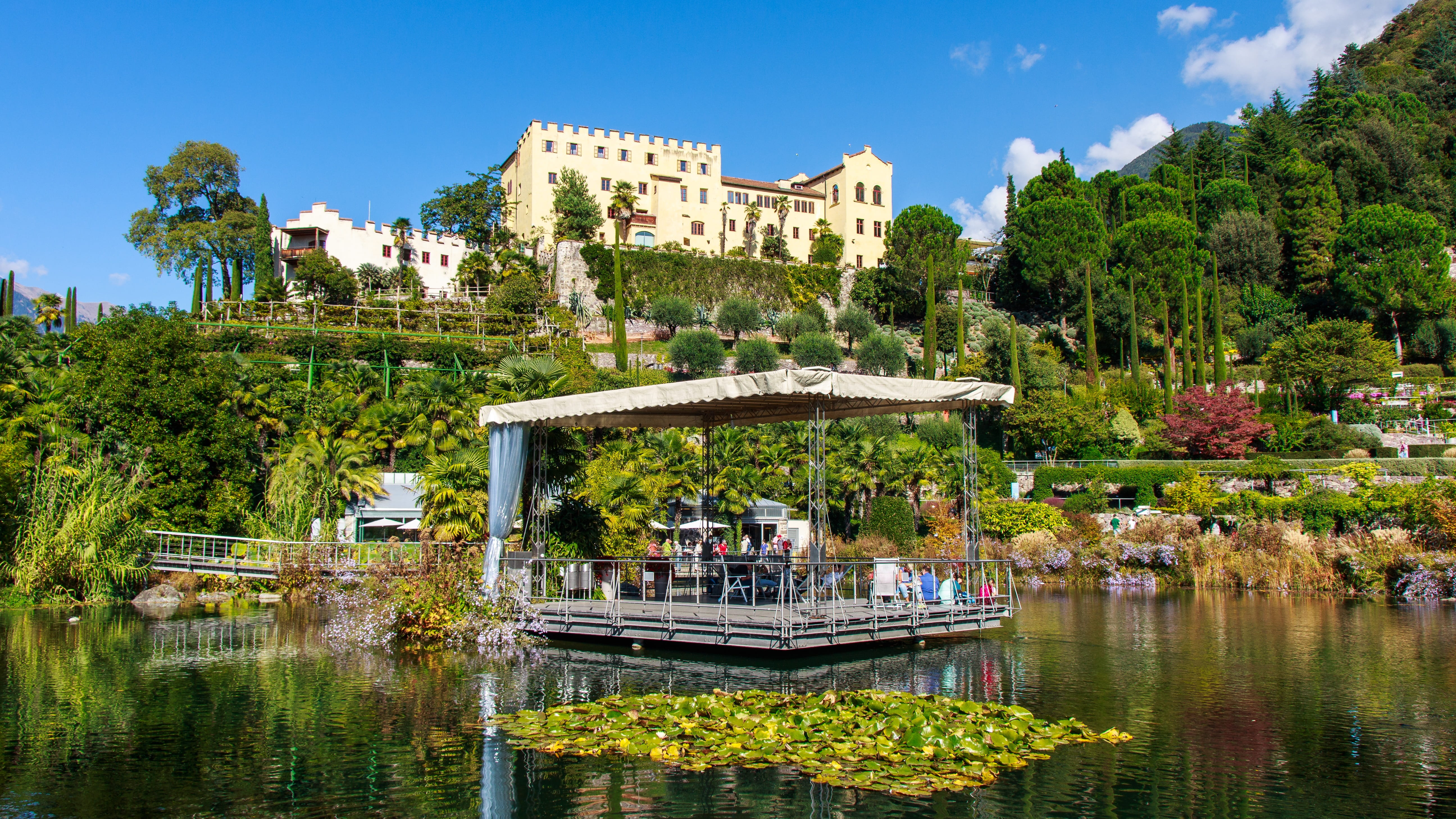 more, day, building, luxury, building exterior, mountains, connection, sky, botanical gardens, tree, trauttmansdorff castle, no people, meran, love, sissi, HD Wallpaper