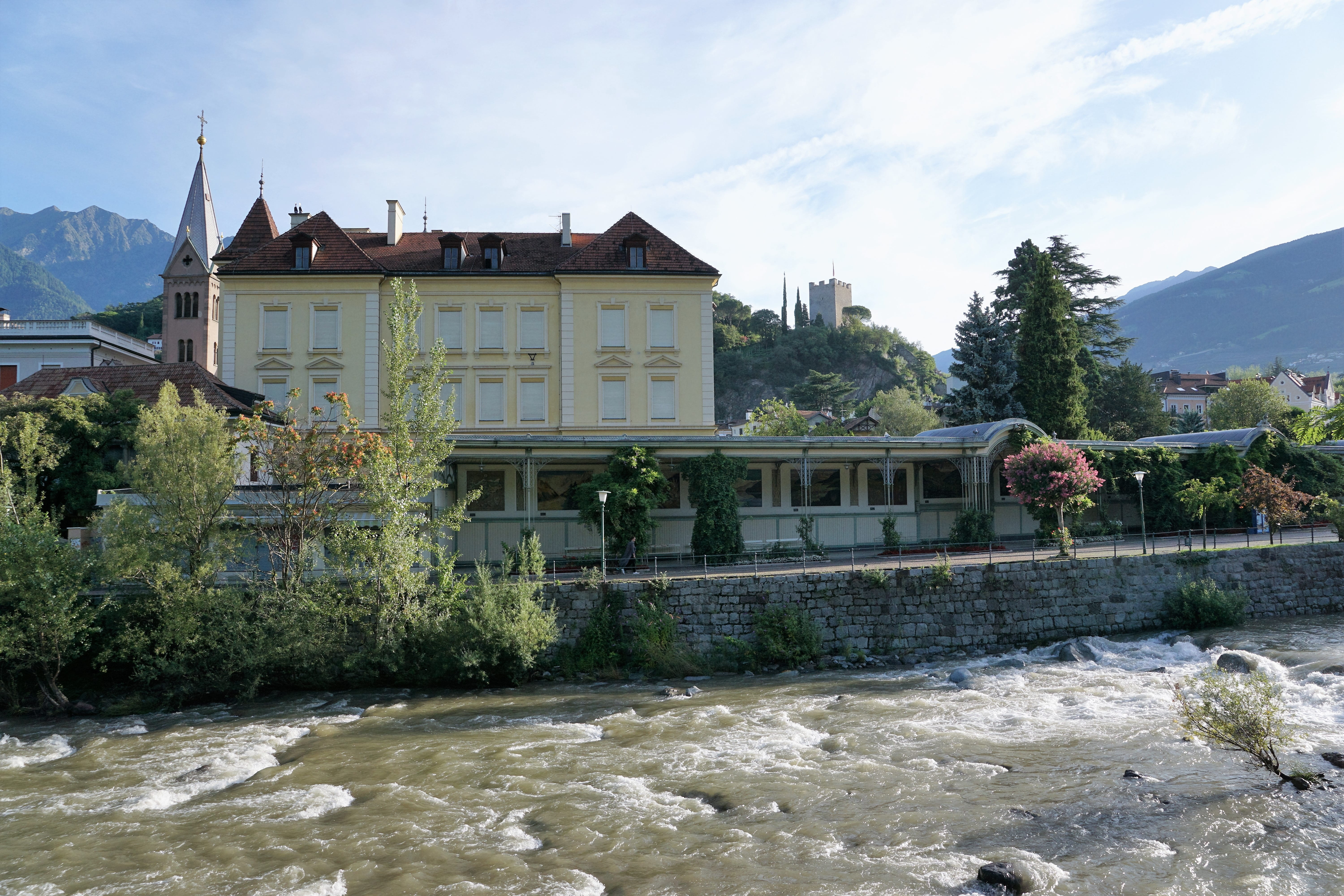 sky, plant, solid, growth, day, flowing, elisabeth, flowing water, south tyrol, away, built structure, city, castle, cloud - sky, panorama, austria, architecture, HD Wallpaper