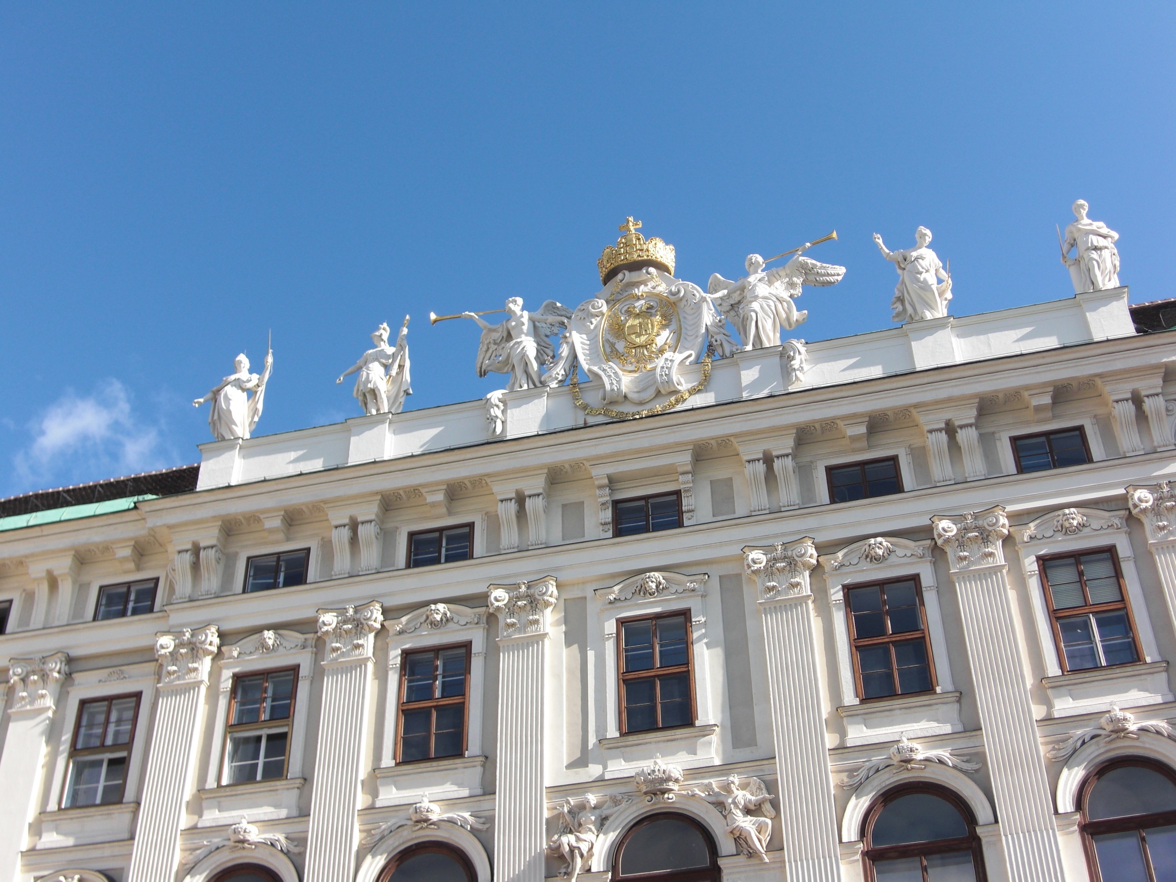 1080P, architecture, nature, austria, building, building exterior, blue, history, day, vienna, no people, sculpture, window, low angle view, representation, HD Wallpaper