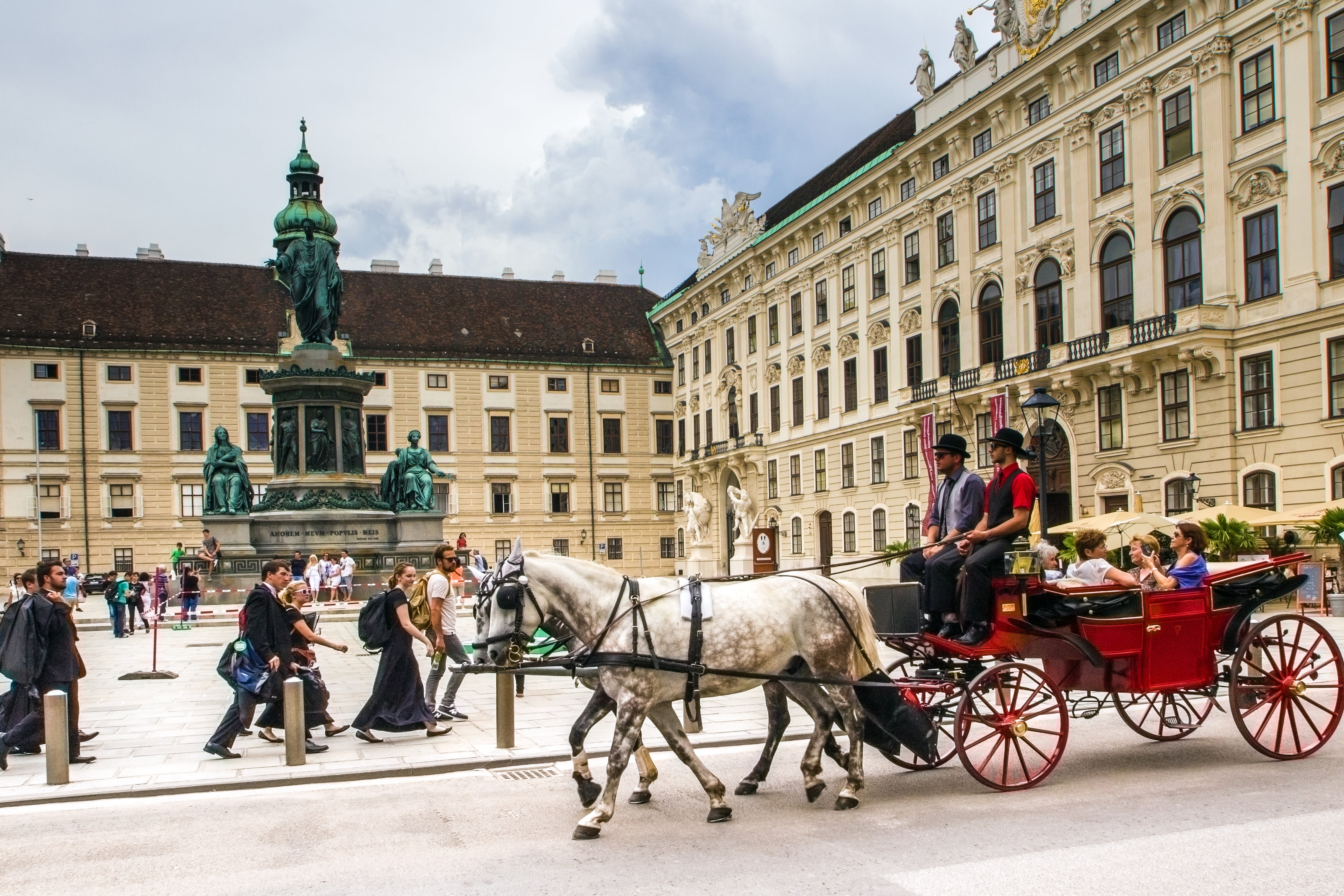 city, downtown, vienna, working animal, building, daytime, fiaker, people, animal, mammal, horsedrawn, horse, castle, horse cart, built structure, group, HD Wallpaper