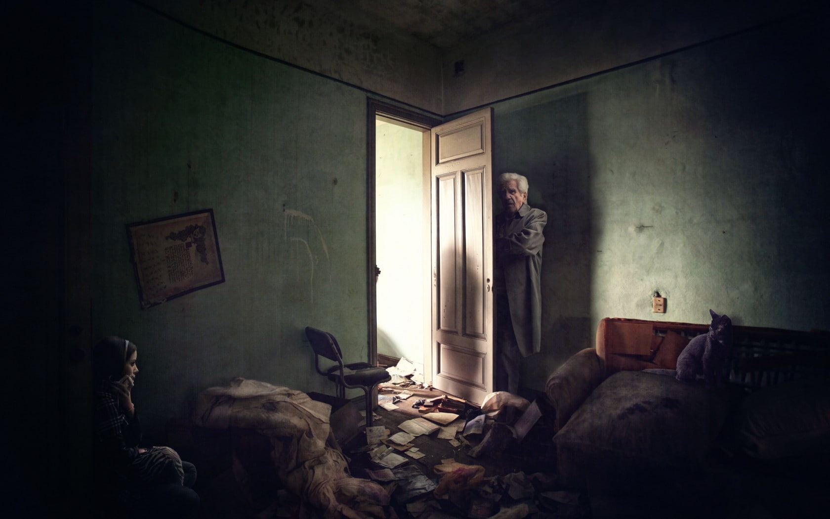 domestic room, contemplation, furniture, indoors, bed, old people, horror, standing, dark, sadness, relaxation, one person, architecture, home interior, HD Wallpaper