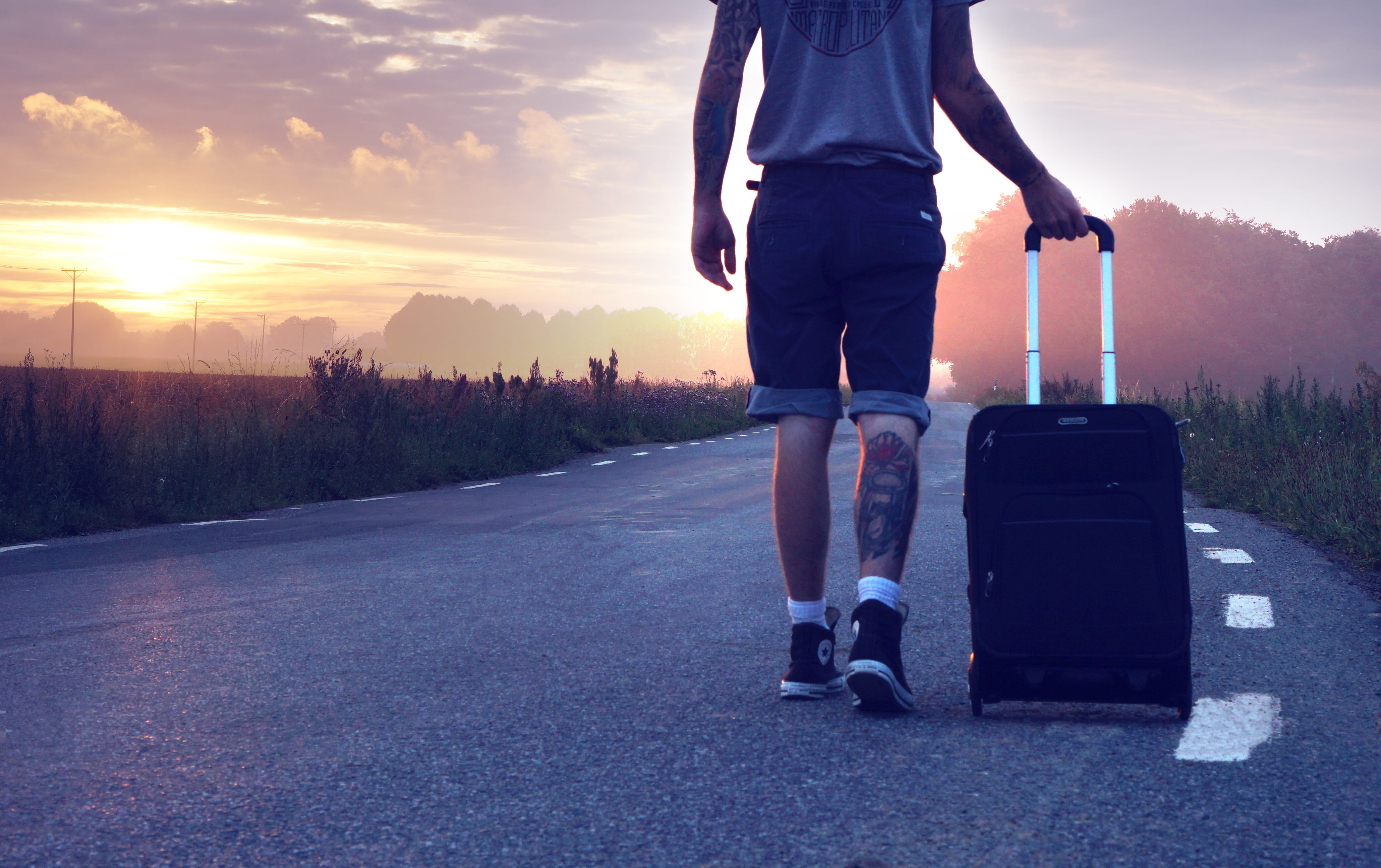 lifestyles, outdoors, luggage, highway, travel, leisure activity, real people, sunset, flowers, nature, tattoos, 4K, way, cloud - sky, standing, converse all-star, HD Wallpaper